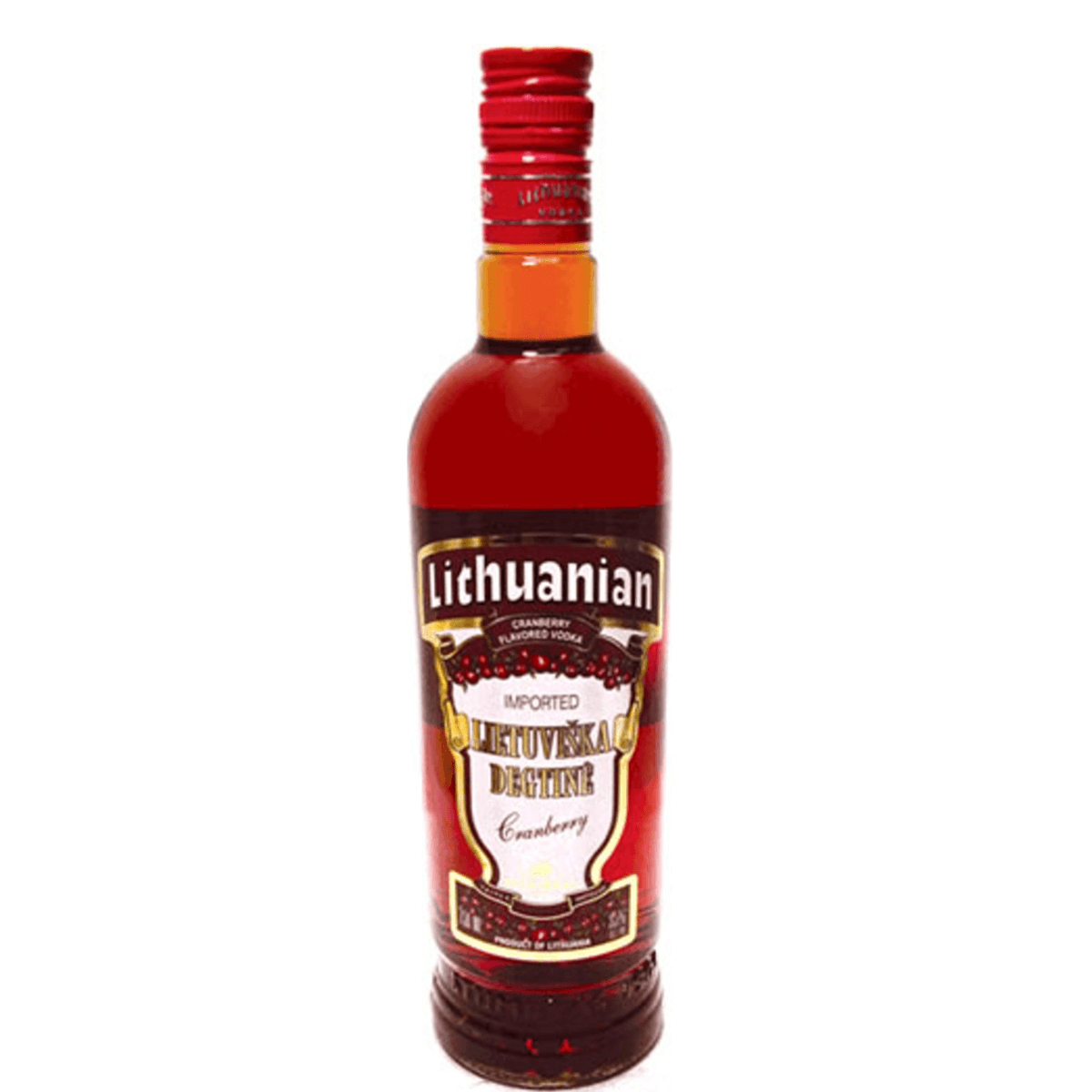 Lithuanian Cranberry Vodka 750ml bottle, premium flavored spirit, made with hand-picked cranberries from Lithuania. 35% ABV.