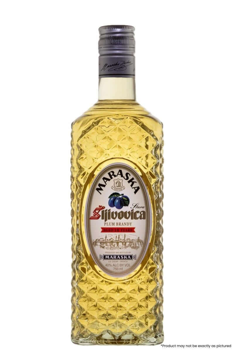 Maraska Slivovica 10YR Plum Brandy 750ml bottle from Croatia with golden liquid and intricate design.