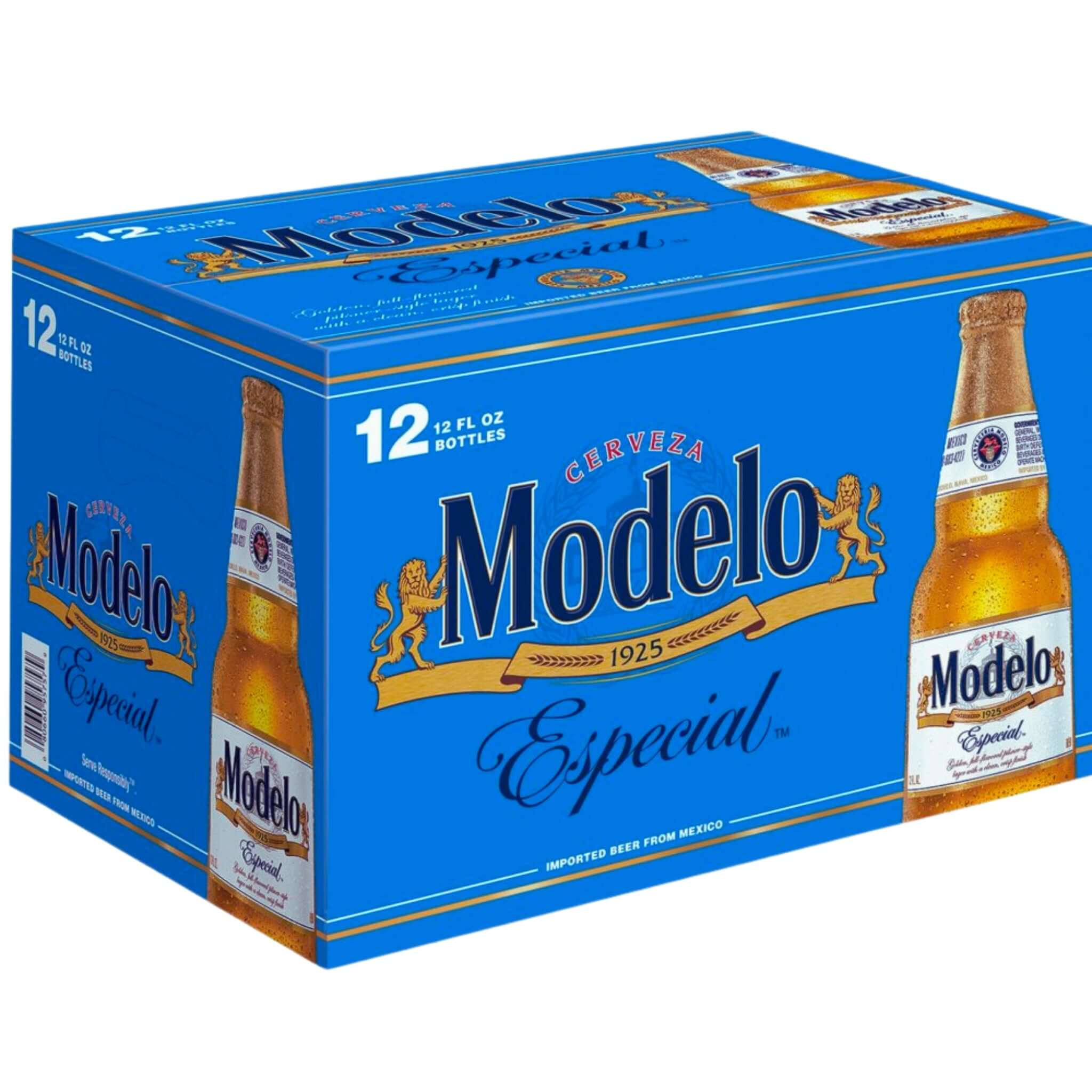 Modelo Especial 12 Pack of 12oz Bottles, Mexican Lager, Grupo Modelo, crisp and balanced beer, blue packaging with gold accents