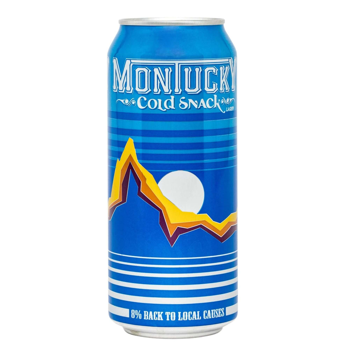 Montucky Cold Snacks 16oz can showing blue label with mountain design. Refreshing American lager with 4.1% ABV from Bozeman, Montana.