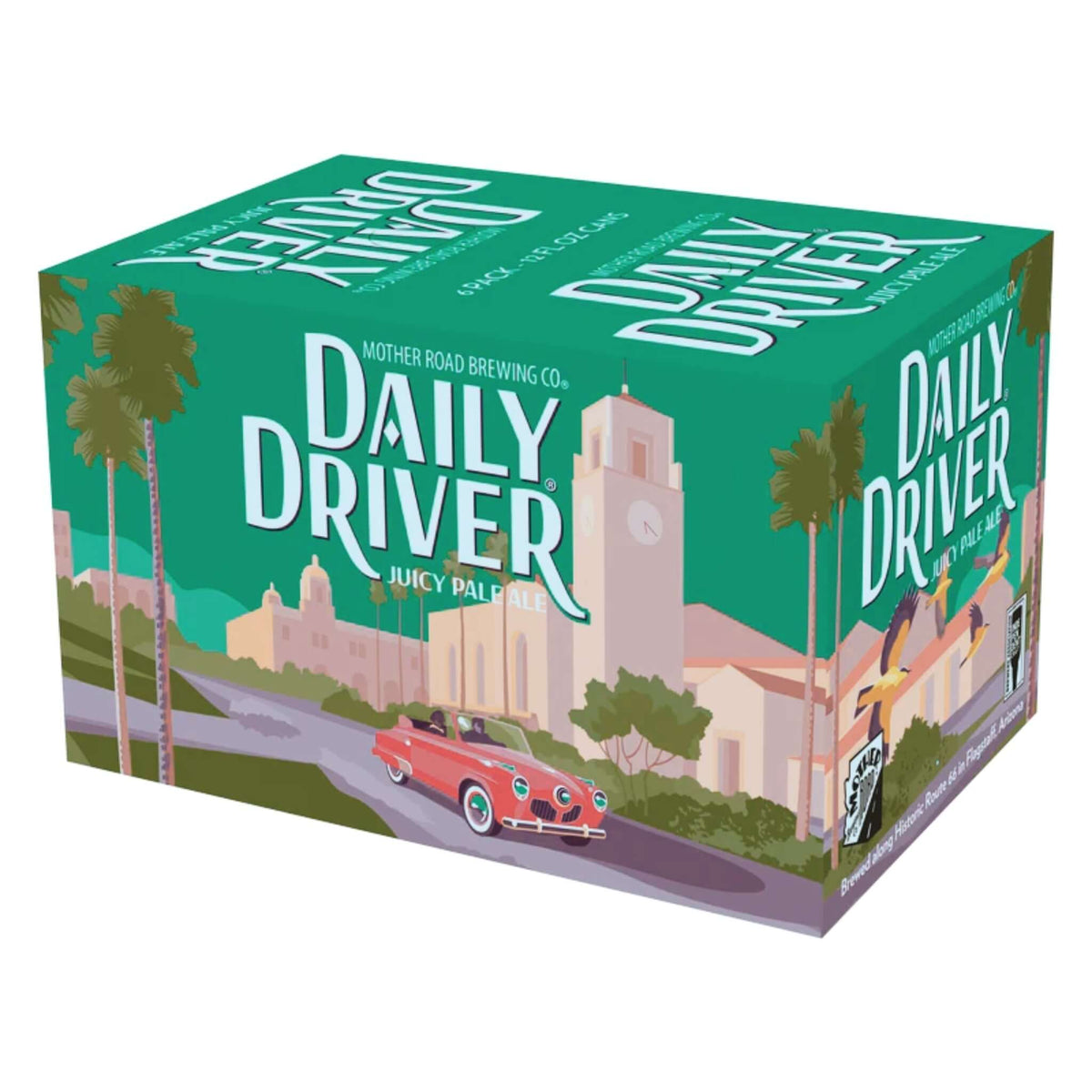 Mother Road Daily Driver Pale Ale 6 pack featuring vintage car artwork and Flagstaff, Arizona scenery on the packaging.