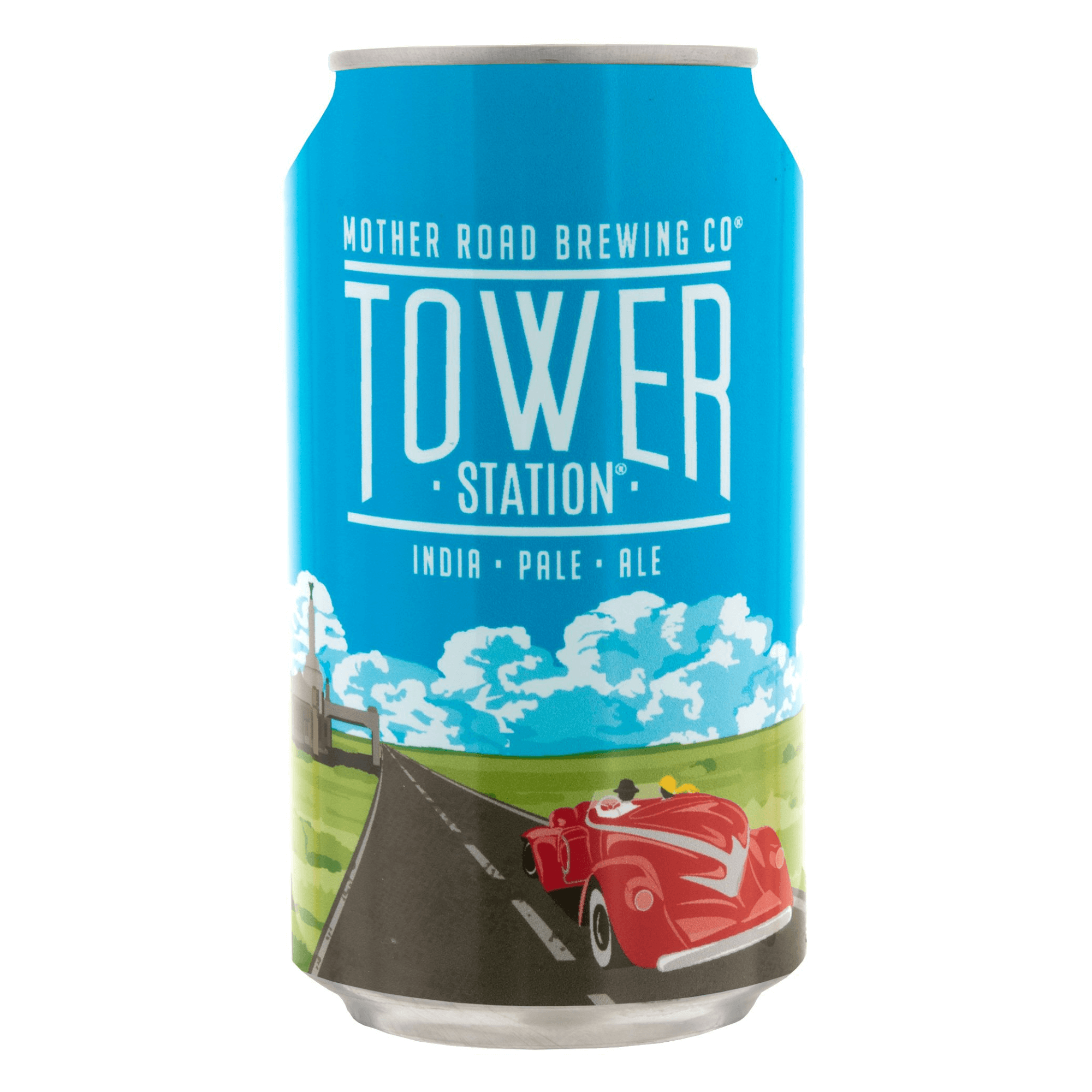 Mother Road Tower Station IPA 12oz can with retro car design, Flagstaff Arizona beer, American IPA, tropical citrus aroma, 7.3% ABV.