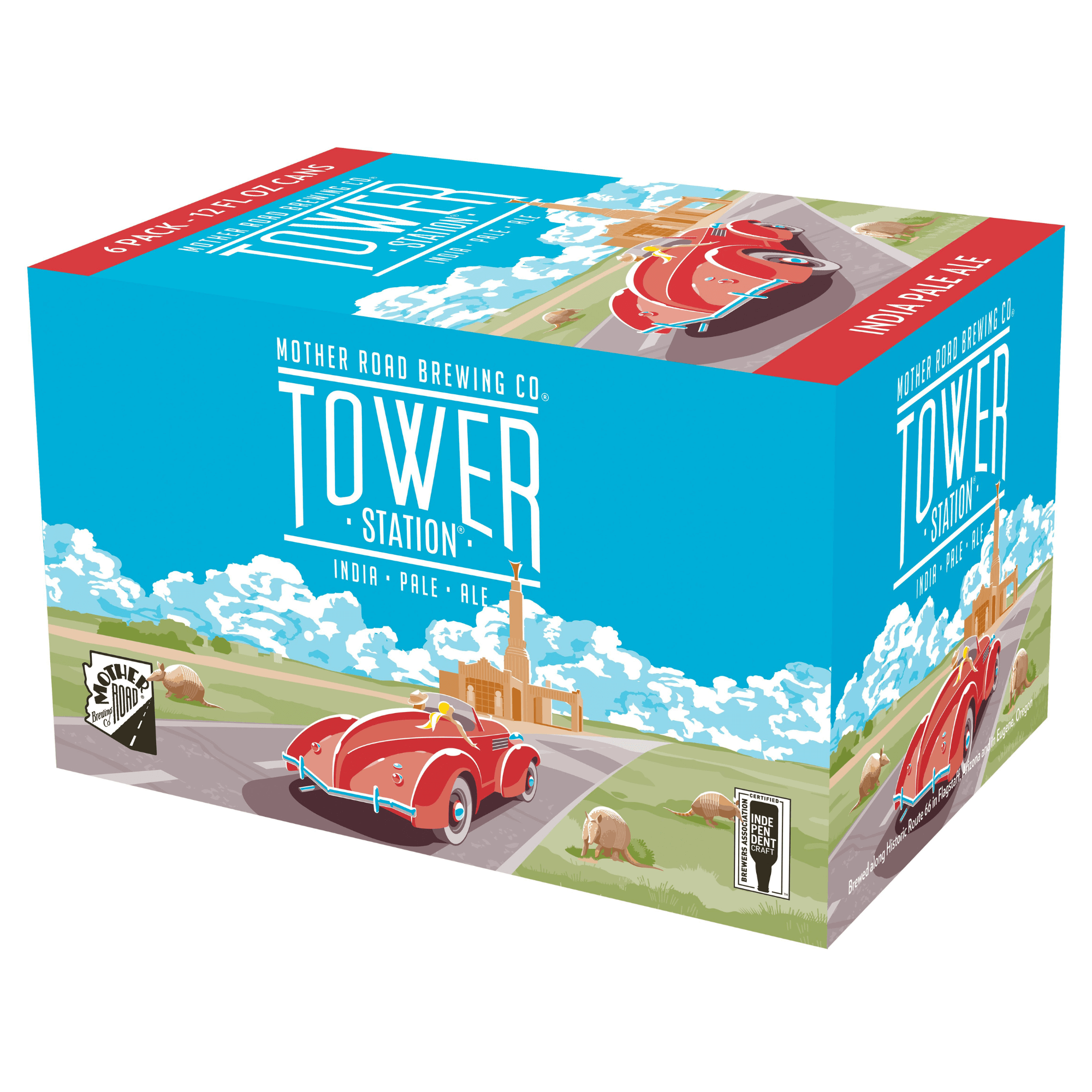 Tower Station IPA 6 pack box from Mother Road Brewing, featuring classic car artwork and hop-forward American IPA labeling.