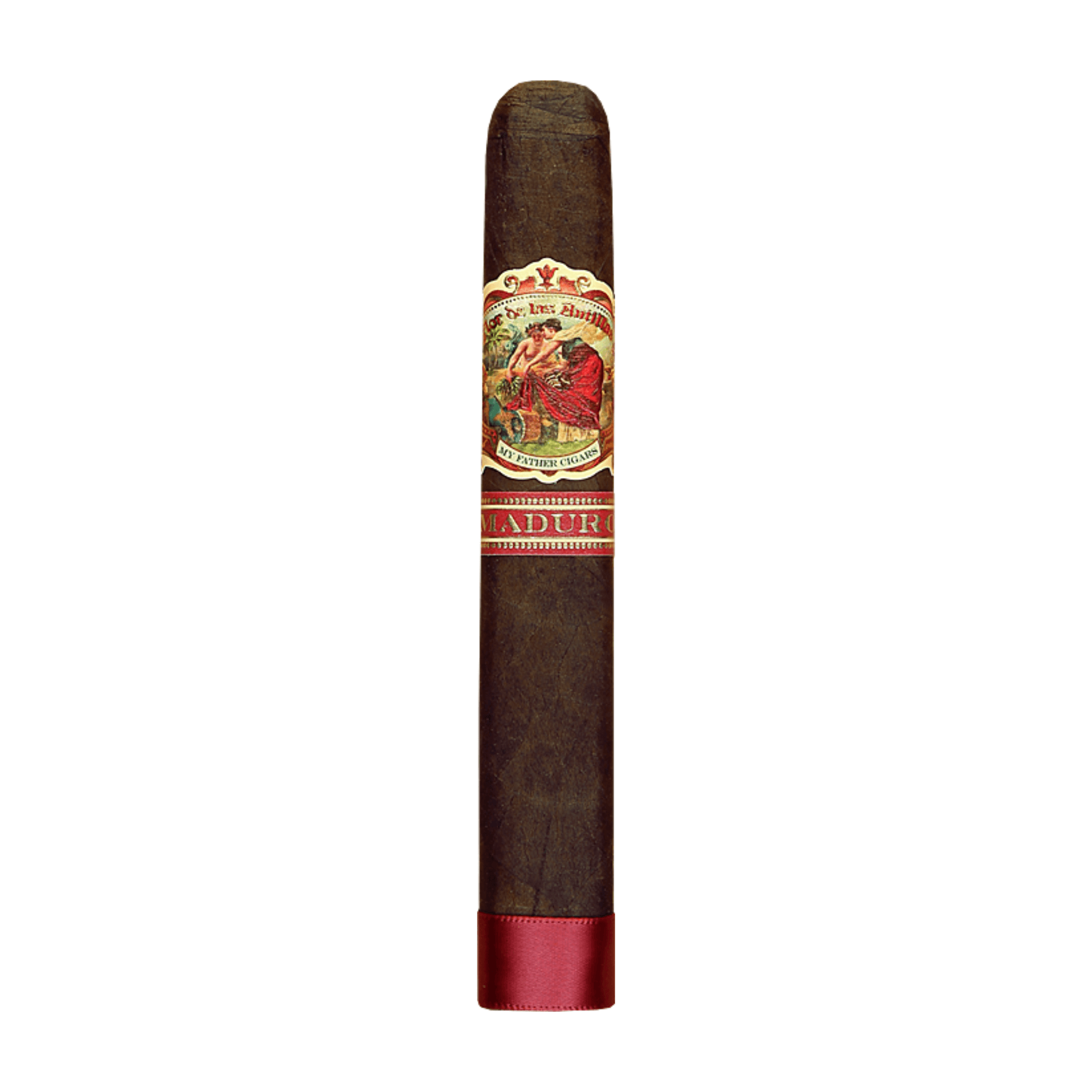 My Father Flor de Las Antillas Maduro Toro cigar, wrapped in dark Connecticut Broadleaf, showcasing intricate band design.