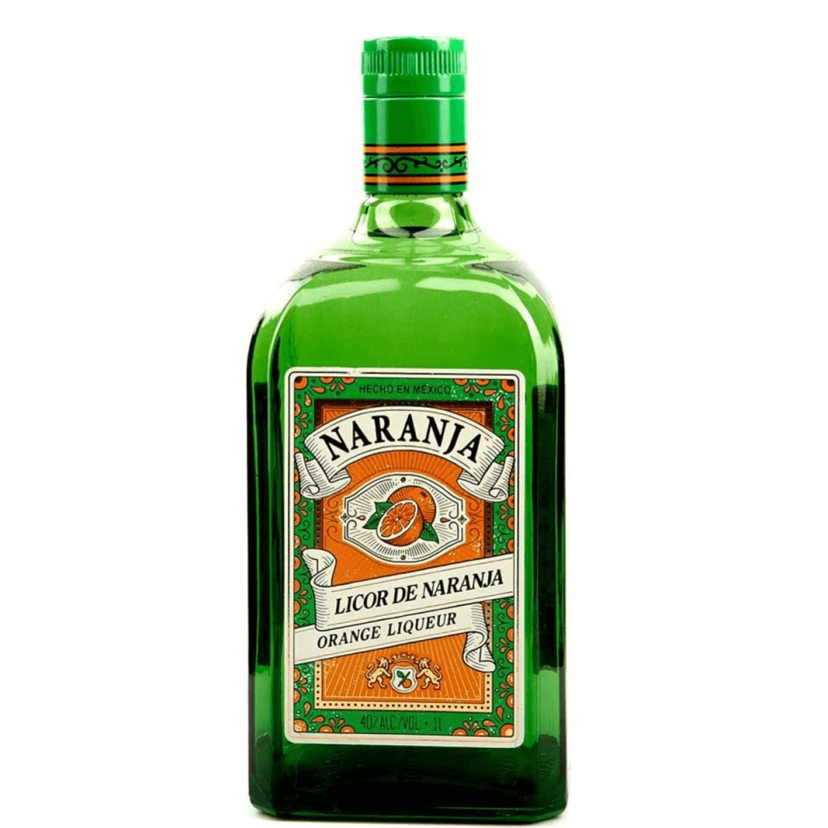 Naranja Licor De Naranja 1 Liter bottle, orange liqueur from Mexico, used in cocktails like Margarita, with Seville orange zest flavor.