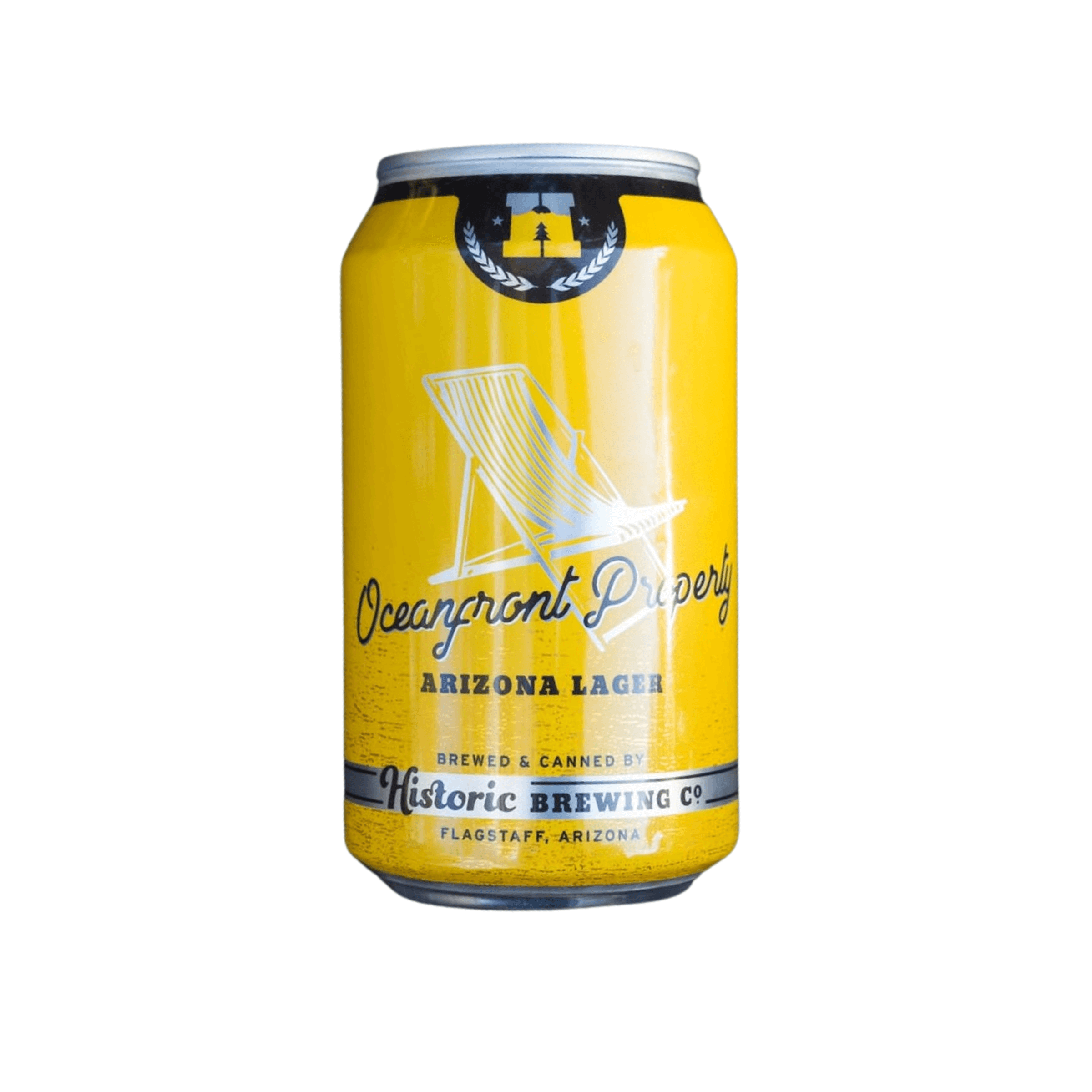 12oz can of Historic Oceanfront Property Pilsner by Historic Brewing, Flagstaff, AZ, featuring bright design and refreshing taste.