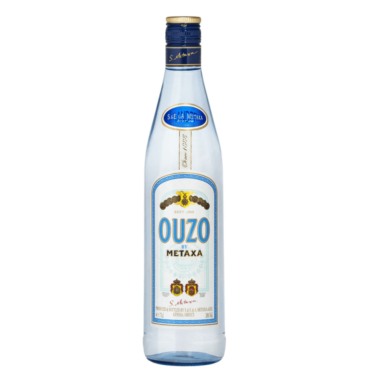 Ouzo by Metaxa Greek Liqueur 750ml bottle, featuring Mediterranean aromatic seeds and Chios mastic, 40% ABV.