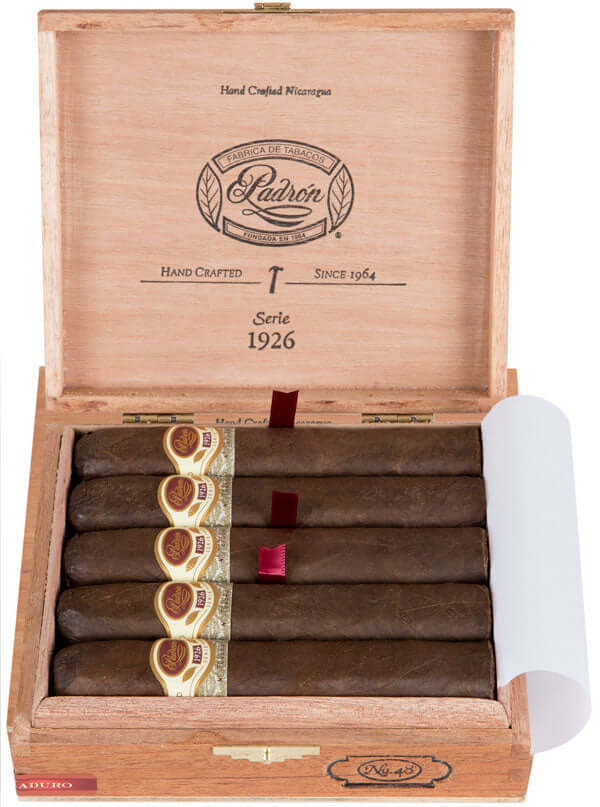 Open box of Padron 1926 No. 48 Maduro cigars, 10-count, showcasing rich Nicaraguan Maduro wrapper and full-bodied flavor profile.