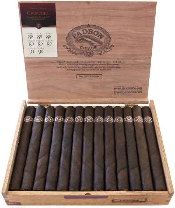Open box of Padrón Churchill Natural cigars showing 26 sticks with Nicaraguan Habano wrapper and classic Padrón logo.