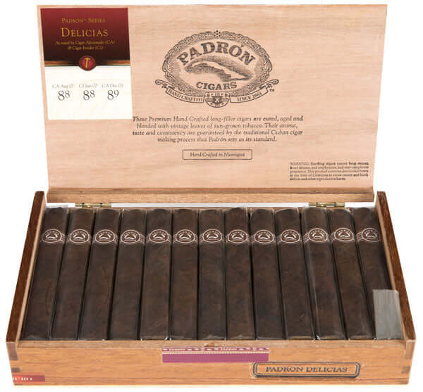 Padron Delicias Natural 26ct Box of Nicaraguan cigars with rich cocoa and roasted coffee flavors, medium to full strength.