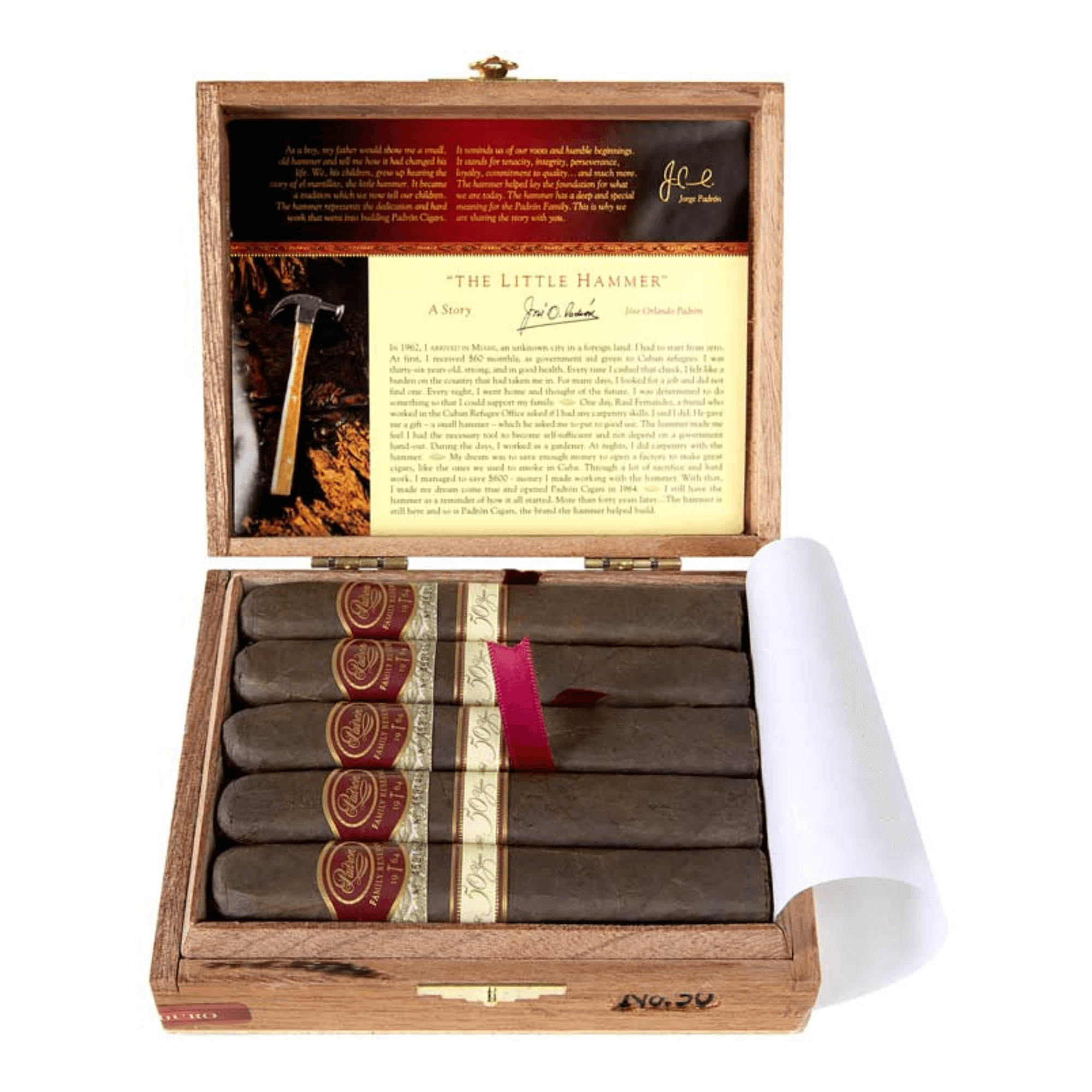 Open wooden box of Padron Family Reserve No. 50 Maduro cigars, showcasing a luxurious 10-count display with detailed packaging.