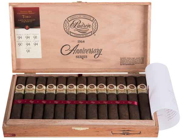 Box of Padron 1964 Toro Maduro cigars, 25 count, Nicaraguan origin, featuring medium to full strength with notes of dark chocolate and espresso.