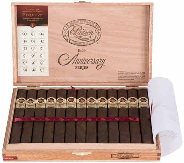 Open box of Padron 1964 Exclusivo Natural cigars, featuring Nicaraguan Sun-Grown wrapper and medium-full strength flavor profile.