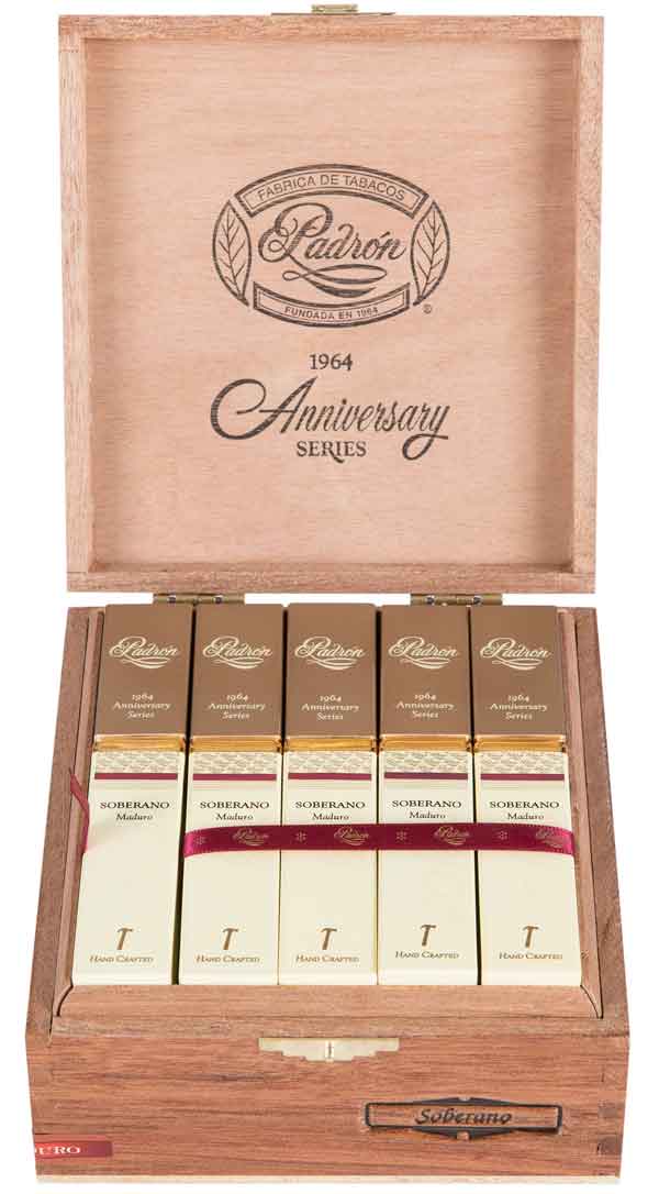 Open Padron 1964 Soberano Maduro 15ct box featuring Nicaraguan cigars with rich chocolate and coffee notes.