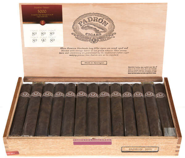 Padron 5000 Maduro 26ct Box open, showcasing Nicaraguan cigars with rich, bold flavors of dark chocolate and espresso.