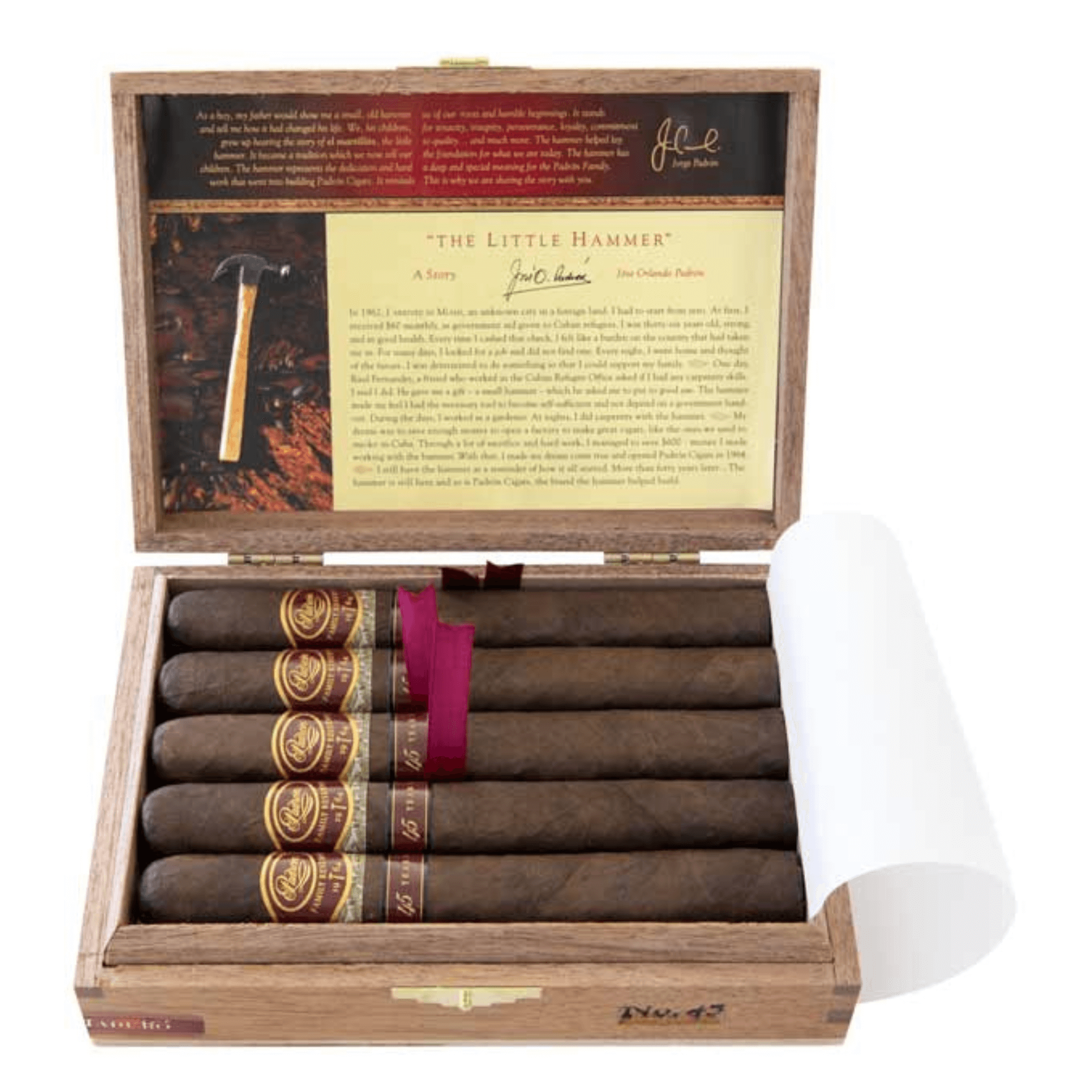 Padron Family Reserve No. 45 Maduro 10-count box, open to reveal premium cigars with detailed label inside the lid.
