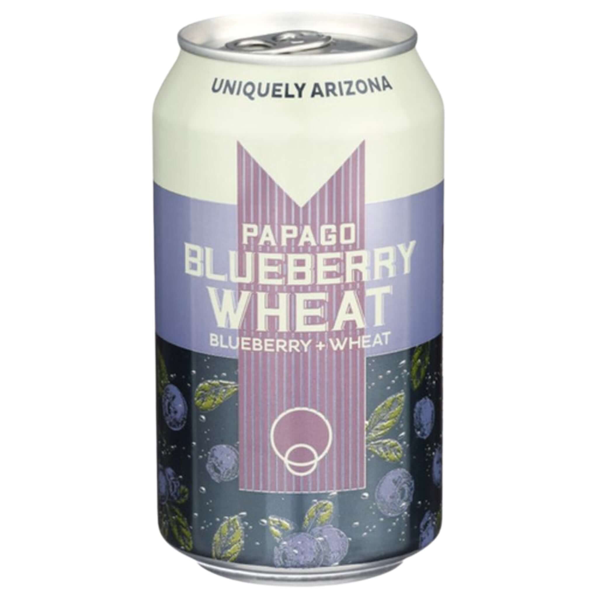 Papago Blueberry Wheat 12oz can by Huss Brewing Co, featuring a fruit wheat ale inspired design with blueberry accents.