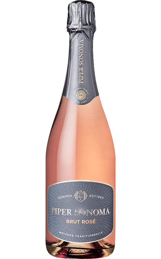 Piper Sonoma Brut Rosé 750ml bottle with elegant label, featuring notes of berries, from Chardonnay and Pinot varietals, Sonoma.