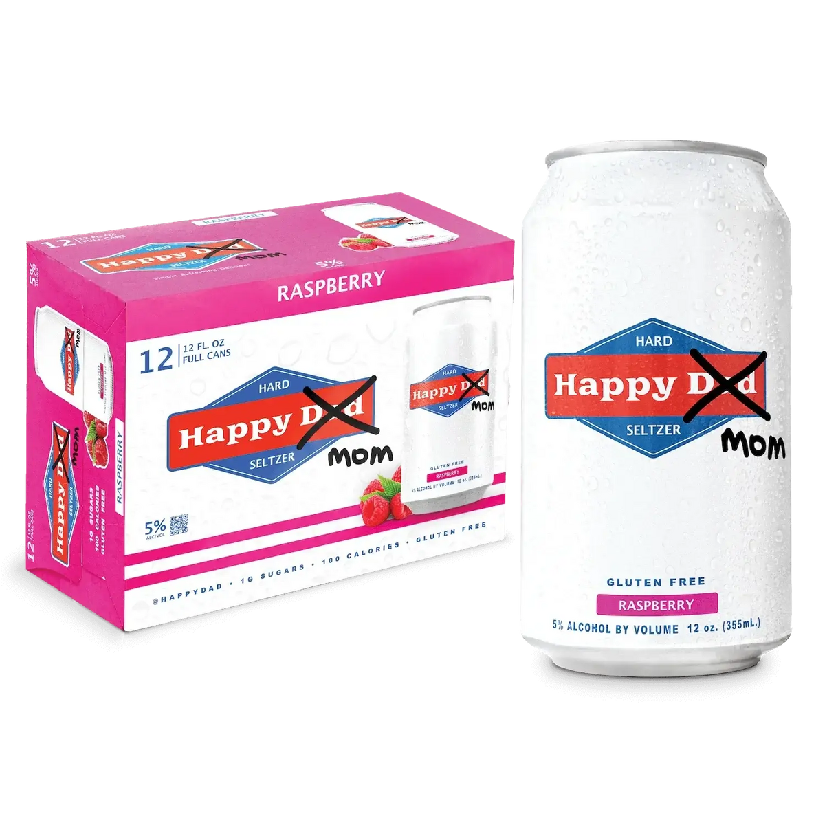 Happy Mom Raspberry Hard Seltzer 12 Pack, 12oz cans, with bold pink packaging showcasing refreshing raspberry flavor, 5% ABV.