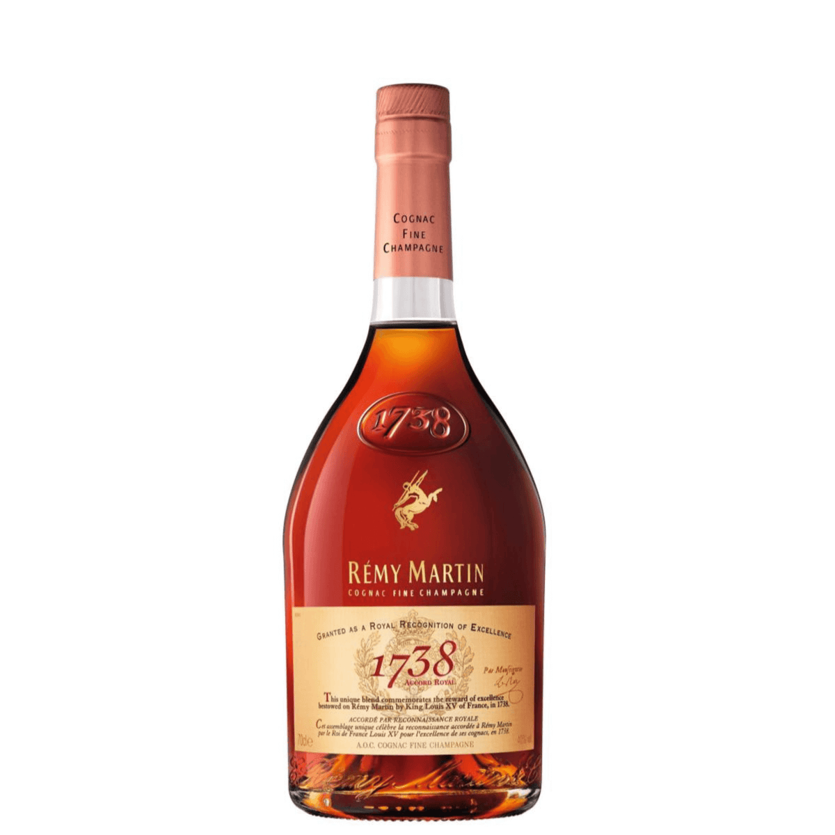 Remy Martin 1738 Cognac 750ml bottle featuring French oak cask aging with butterscotch and spice notes.