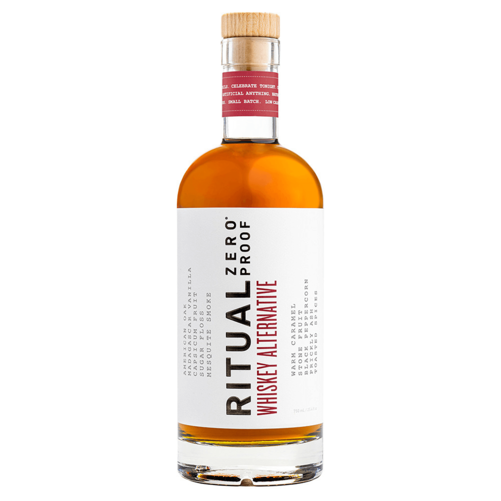 Ritual Zero Proof Whiskey Alternative 750ml bottle, non-alcoholic, offers warm flavors of oak, vanilla, and spices. Ideal whiskey substitute.