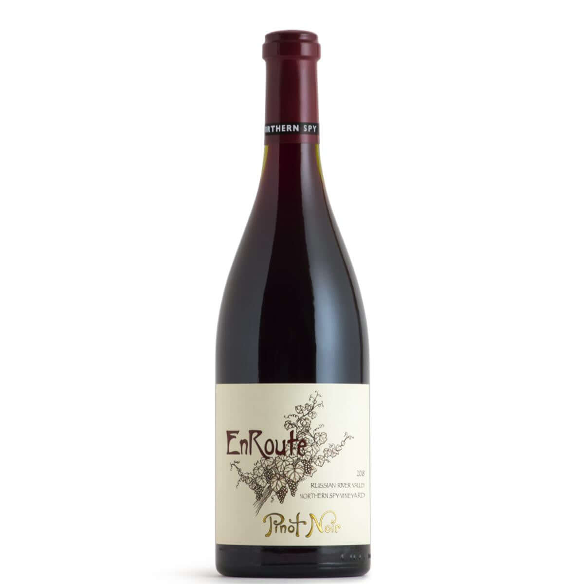 EnRoute RRV Pinot Noir 2021 wine bottle, Russian River Valley, Sonoma County, 750ml, 14.5% alcohol, refined red wine.