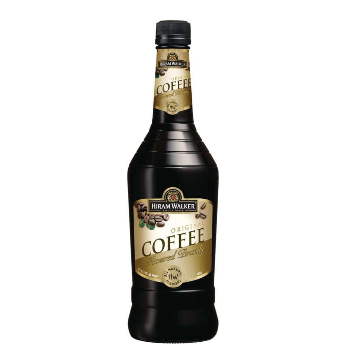 Hiram Walker Coffee Brandy 750ml bottle with coffee-flavored label, USA-made liqueur from Arkansas, 30% ABV alcohol content.
