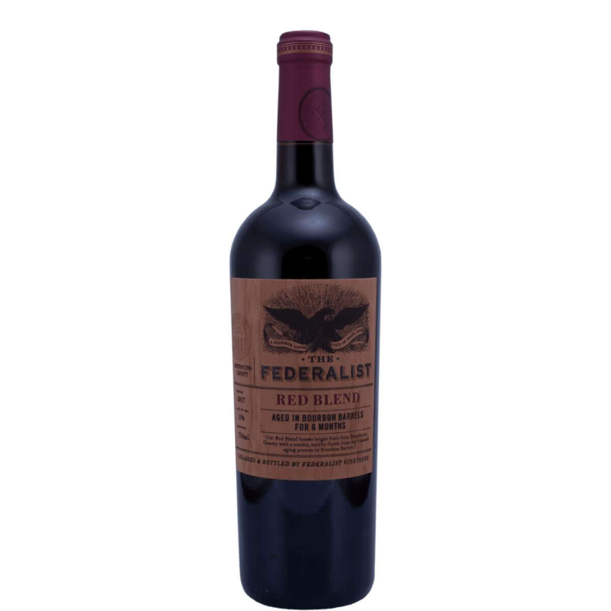Federalist Bourbon Barrel-Aged Red Blend 2017, 750ml wine bottle, Mendocino County, California, bold red wine.