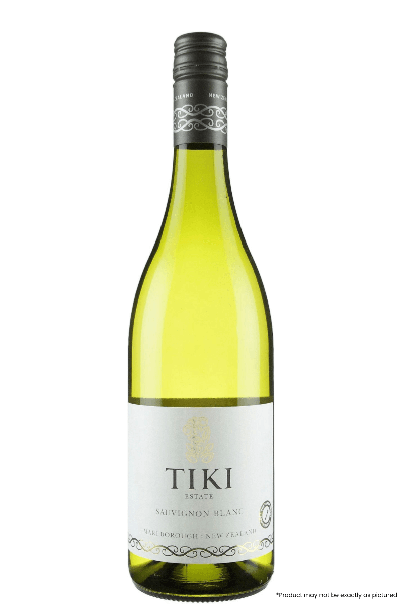 Tiki Estates Sauvignon Blanc 2021 bottle, Marlborough New Zealand white wine, 750ml, featuring citrus aroma and lively acidity.