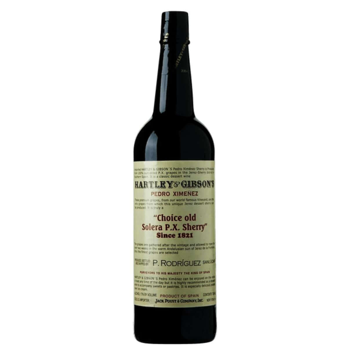 Hartley and Gibson Pedro Ximenez Solera PX Sherry 750ml bottle from Spain featuring sweet, syrupy flavor with caramel notes.