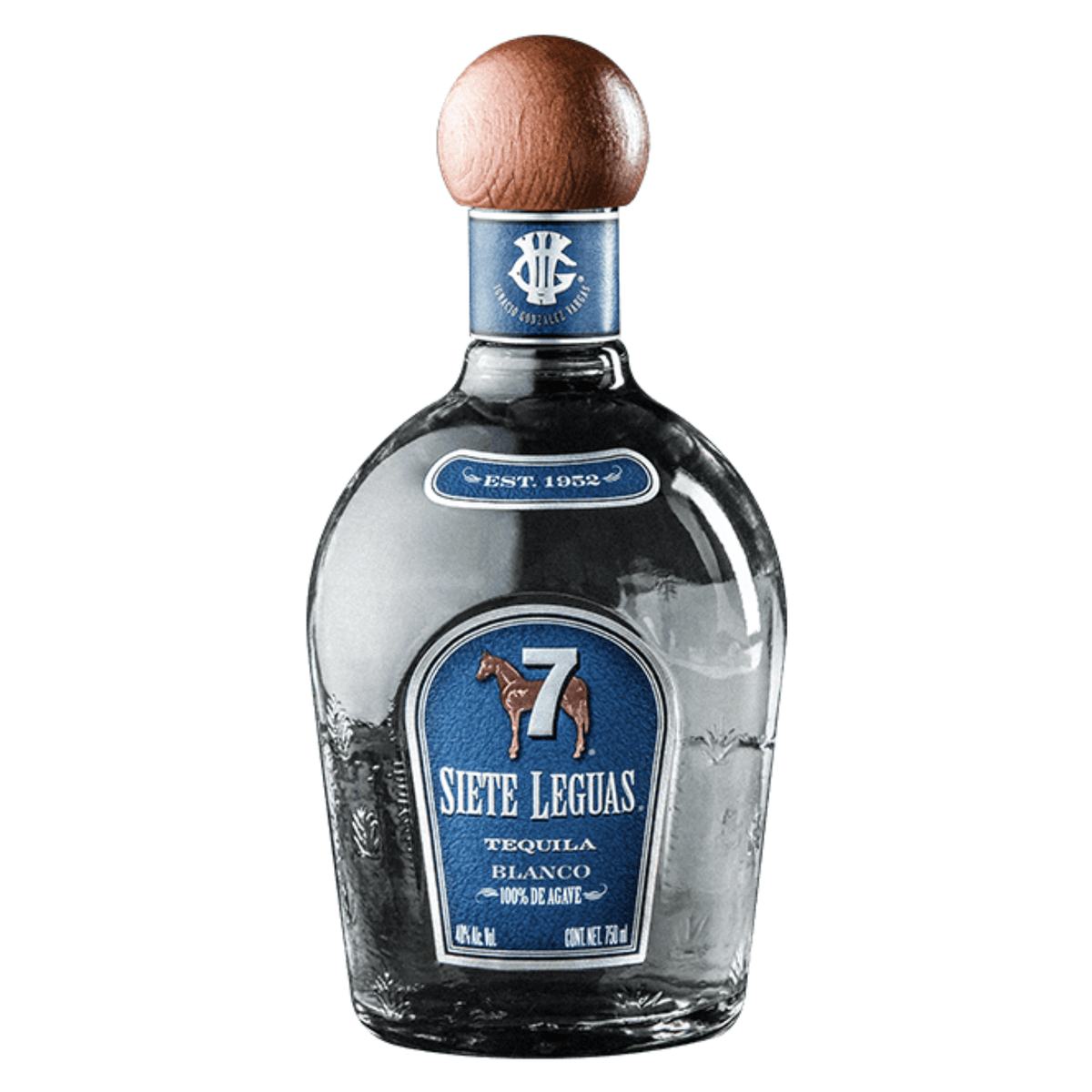 Bottle of Siete Leguas Blanco Tequila 750ml with blue label, showcasing premium quality 100% Blue Weber agave spirit from Jalisco, Mexico.