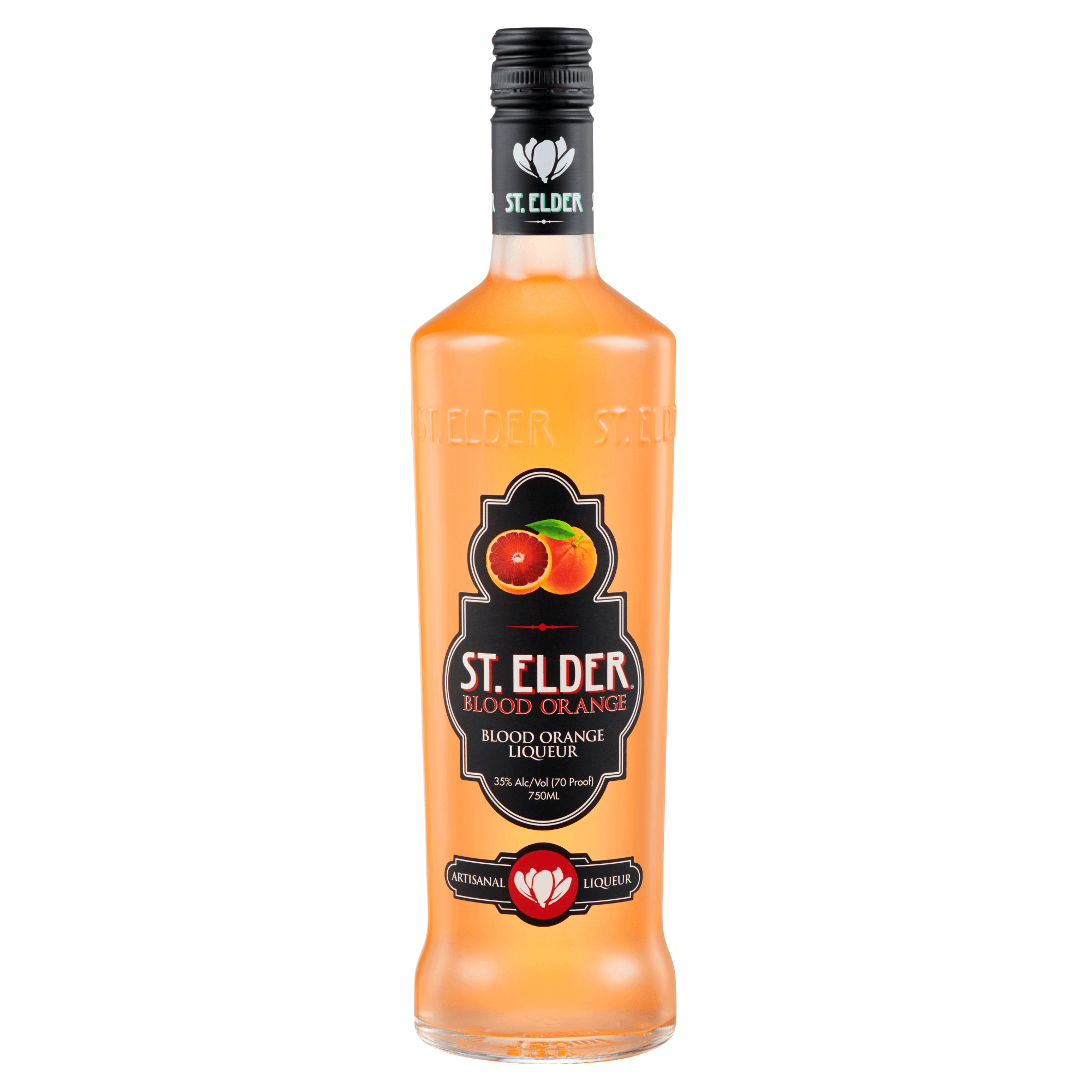 St. Elder Blood Orange Liqueur 750ml bottle, Vermont, USA; handcrafted with citrus and floral notes, ideal for cocktails.