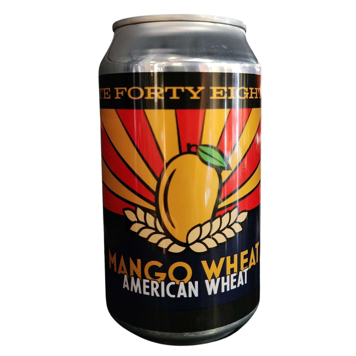 State Forty Eight Mango Wheat 12oz can with vibrant mango-themed design, brewed in Arizona with 4.5% ABV, fruit wheat ale.