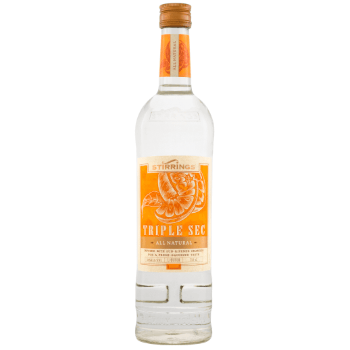Stirrings Triple Sec 750ml bottle, an all-natural orange liqueur, ideal for cocktails like Margaritas, from the USA.