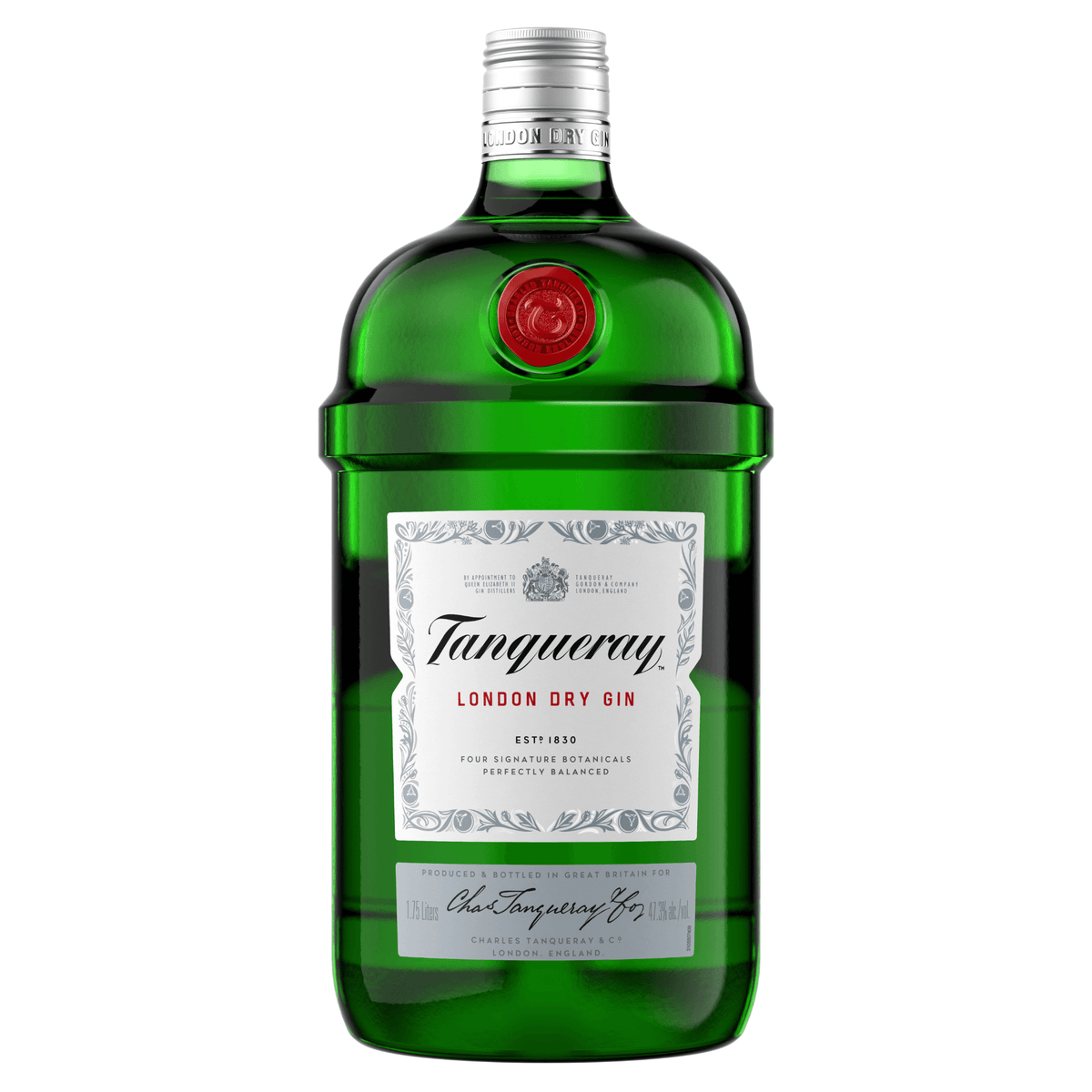 1.75L bottle of Tanqueray London Dry Gin from England, known for its balanced flavor and award-winning quality.