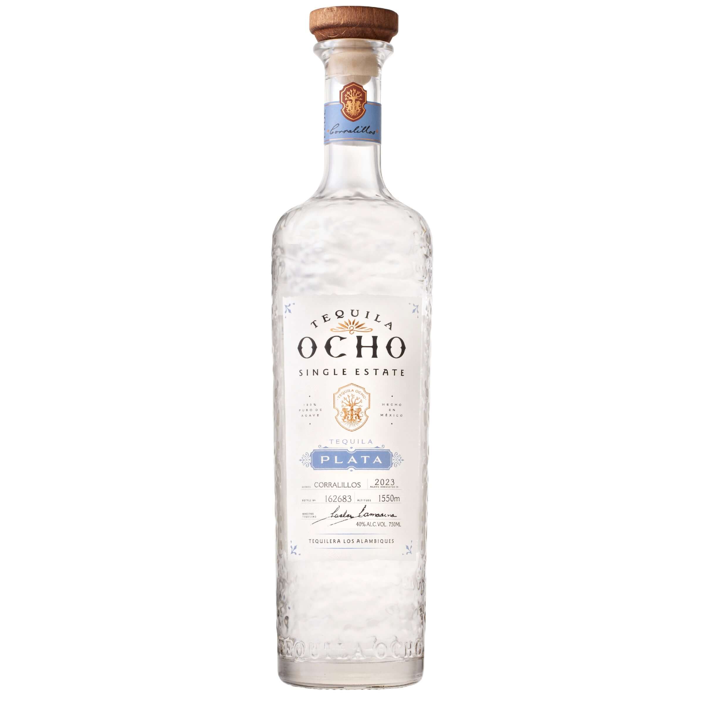 Tequila Ocho Plata 750ml bottle, single-estate tequila from Jalisco, Mexico, made from 100% blue Weber agave, 40% ABV.