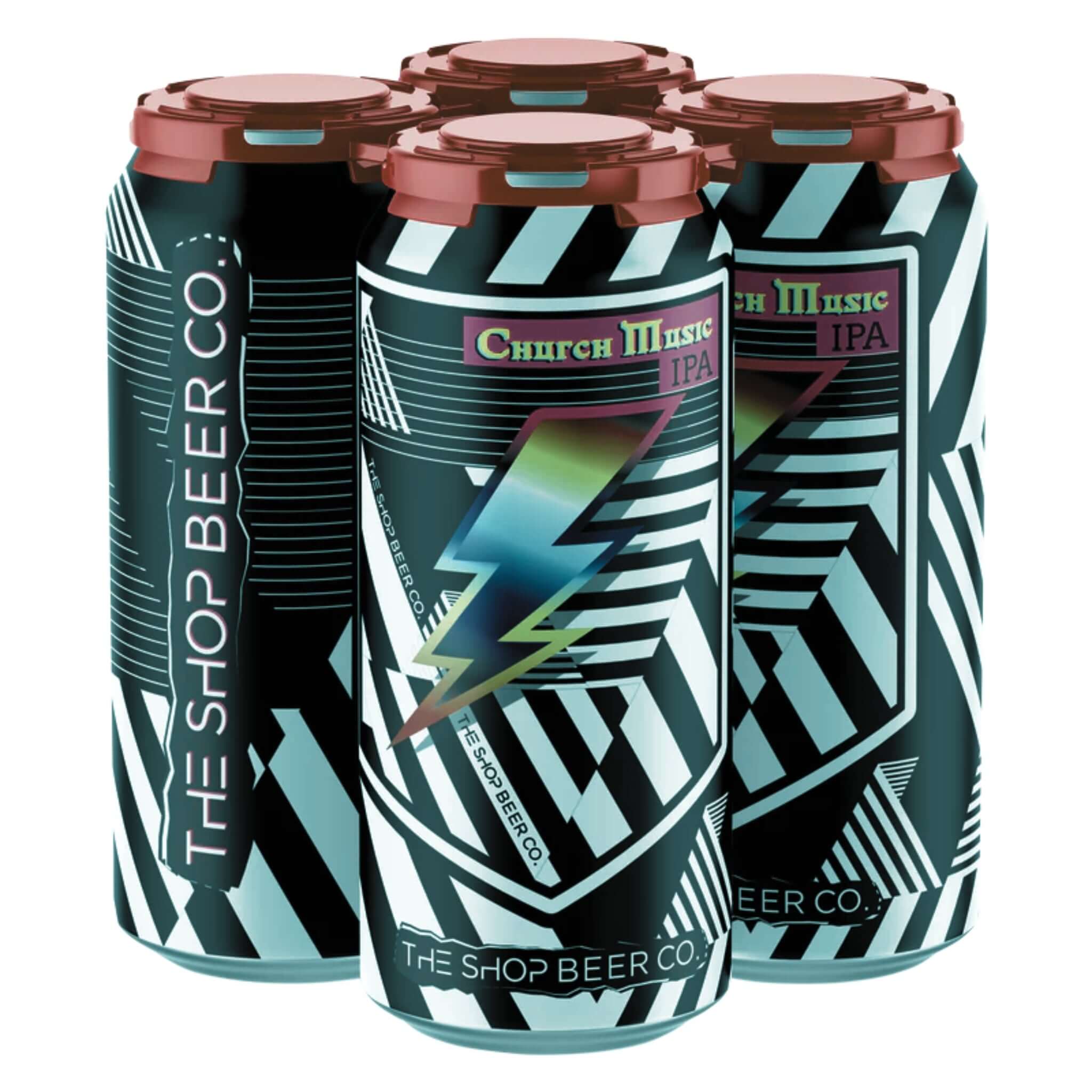 The Shop Church Music 4 Pack of Hazy IPA 16oz cans with abstract black and white design and lightning bolt graphic, by The Shop Beer Co.