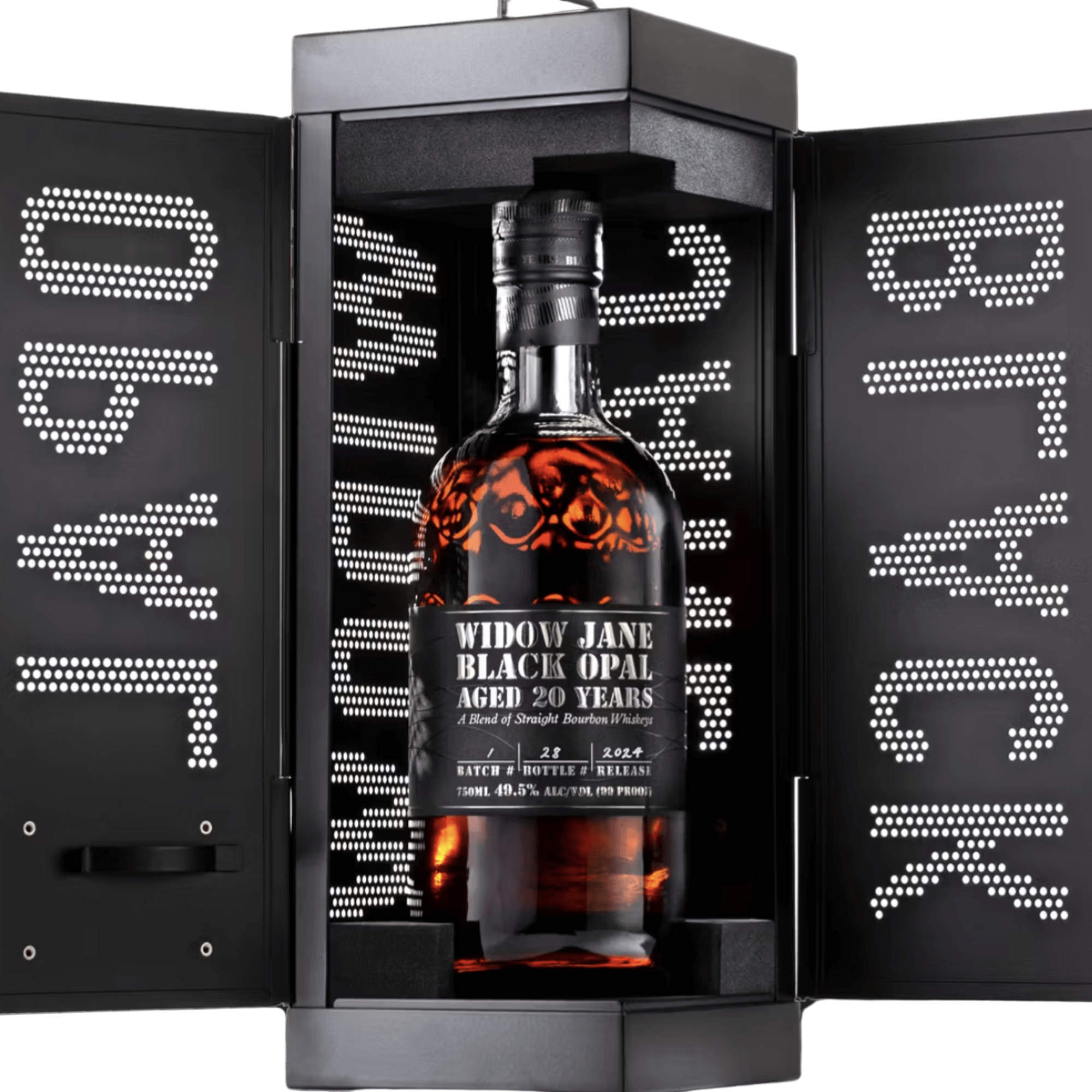 Widow Jane Black Opal 20-Year-Old Blended Bourbon Whiskey 750mL bottle with ornate packaging.