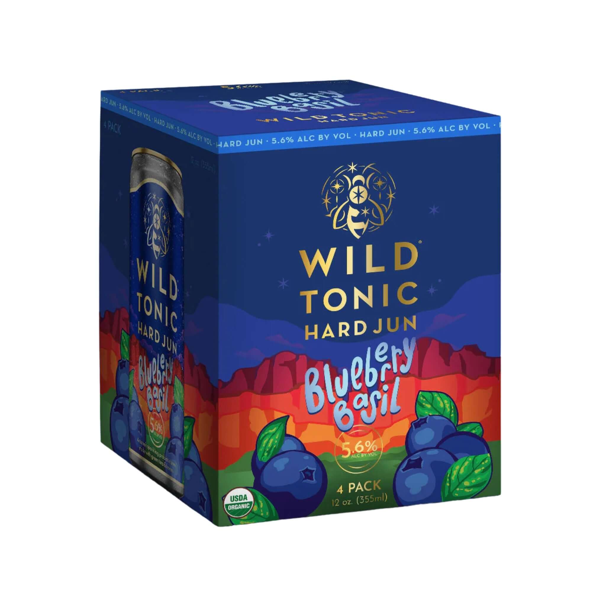 Wild Tonic Blueberry Basil 4 Pack, 12oz cans showcasing hard jun kombucha from Cottonwood, Arizona with blueberry and basil flavors.