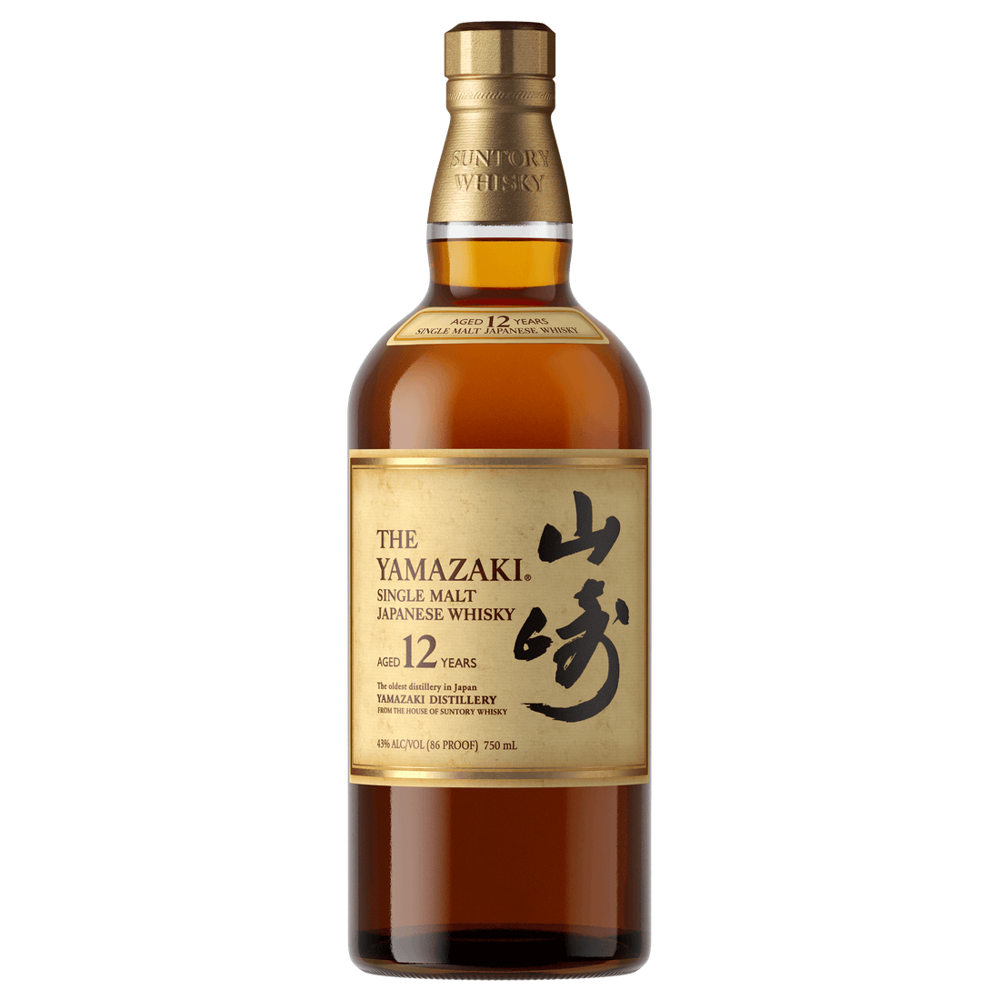 Suntory Yamazaki 12-Year Japanese Single Malt Whisky 750ml bottle with label, featuring a rich amber color and gold accents.