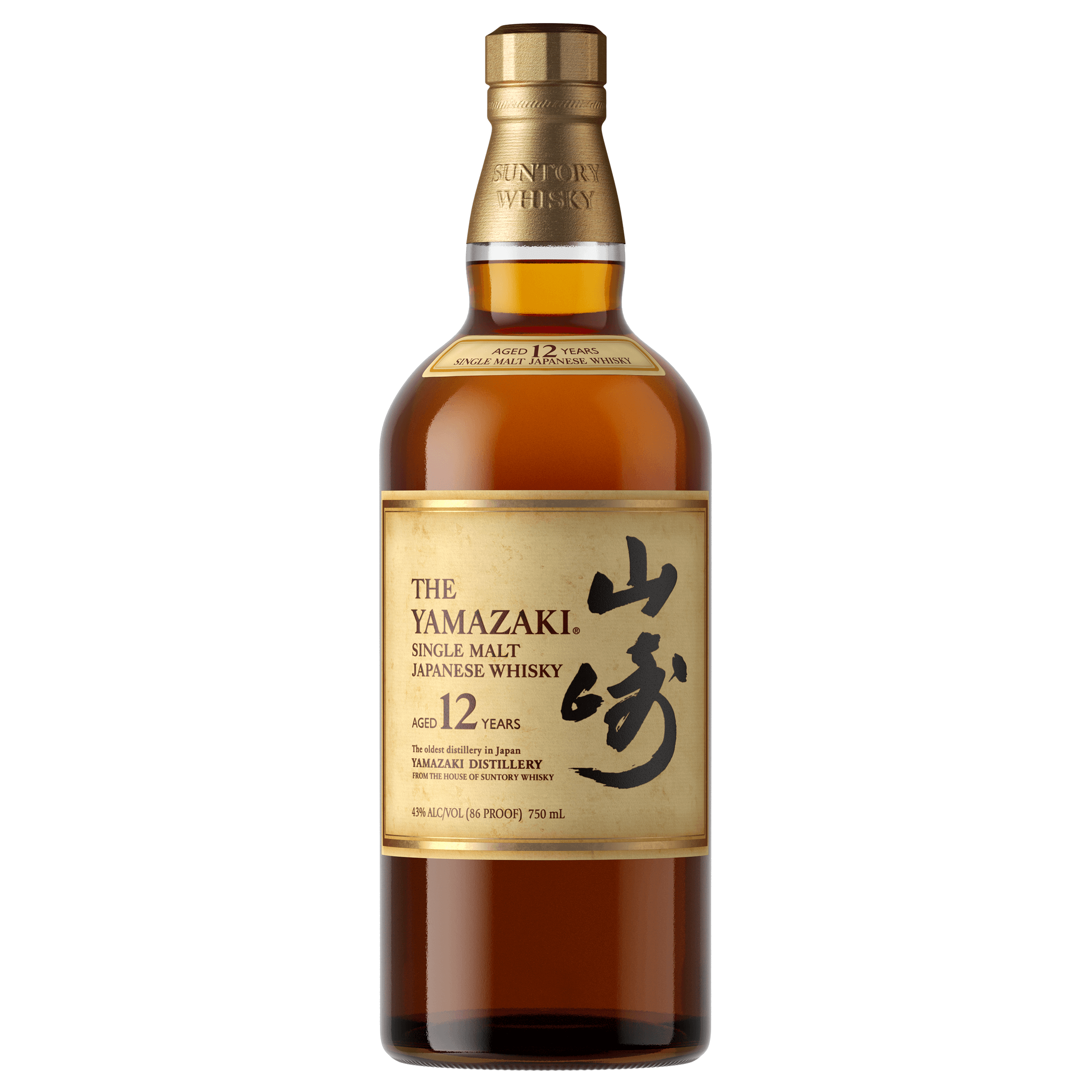 Suntory Yamazaki 12-Year Japanese Single Malt Whisky 750ml bottle with label, featuring a rich amber color and gold accents.