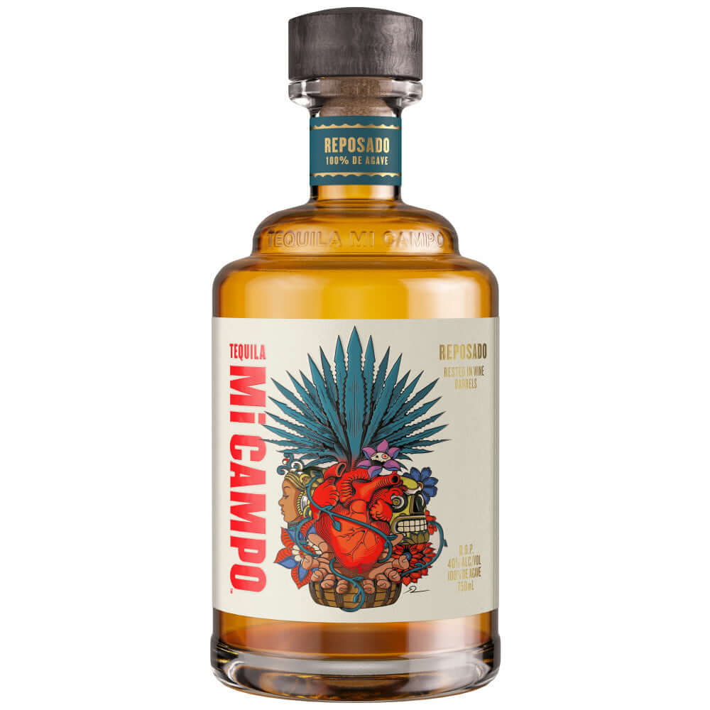 Mi Campo Tequila Reposado 750ml bottle with vibrant label featuring blue agave.