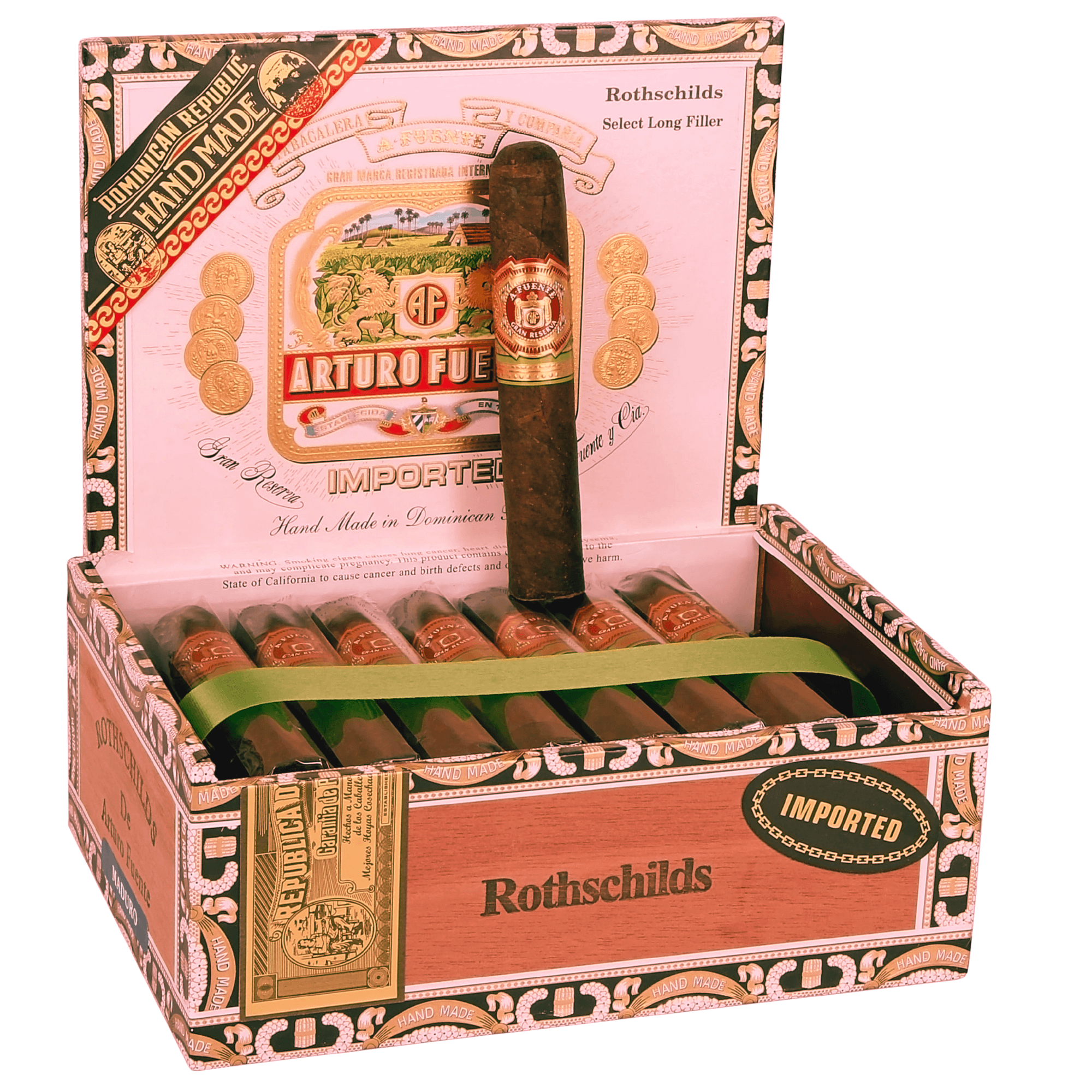 Arturo Fuente Rothschilds Maduro 25-count box, Dominican cigars with Connecticut Broadleaf wrapper, rich flavors of chocolate and espresso.