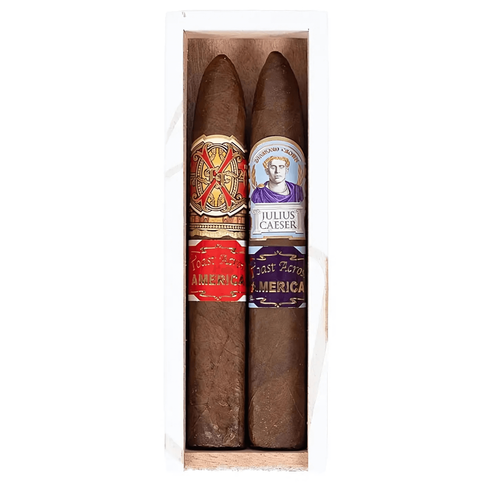 Arturo Fuente Toast Across America 2024 Charity Sampler cigars featuring OpusX and Julius Caeser Shark editions in a box.