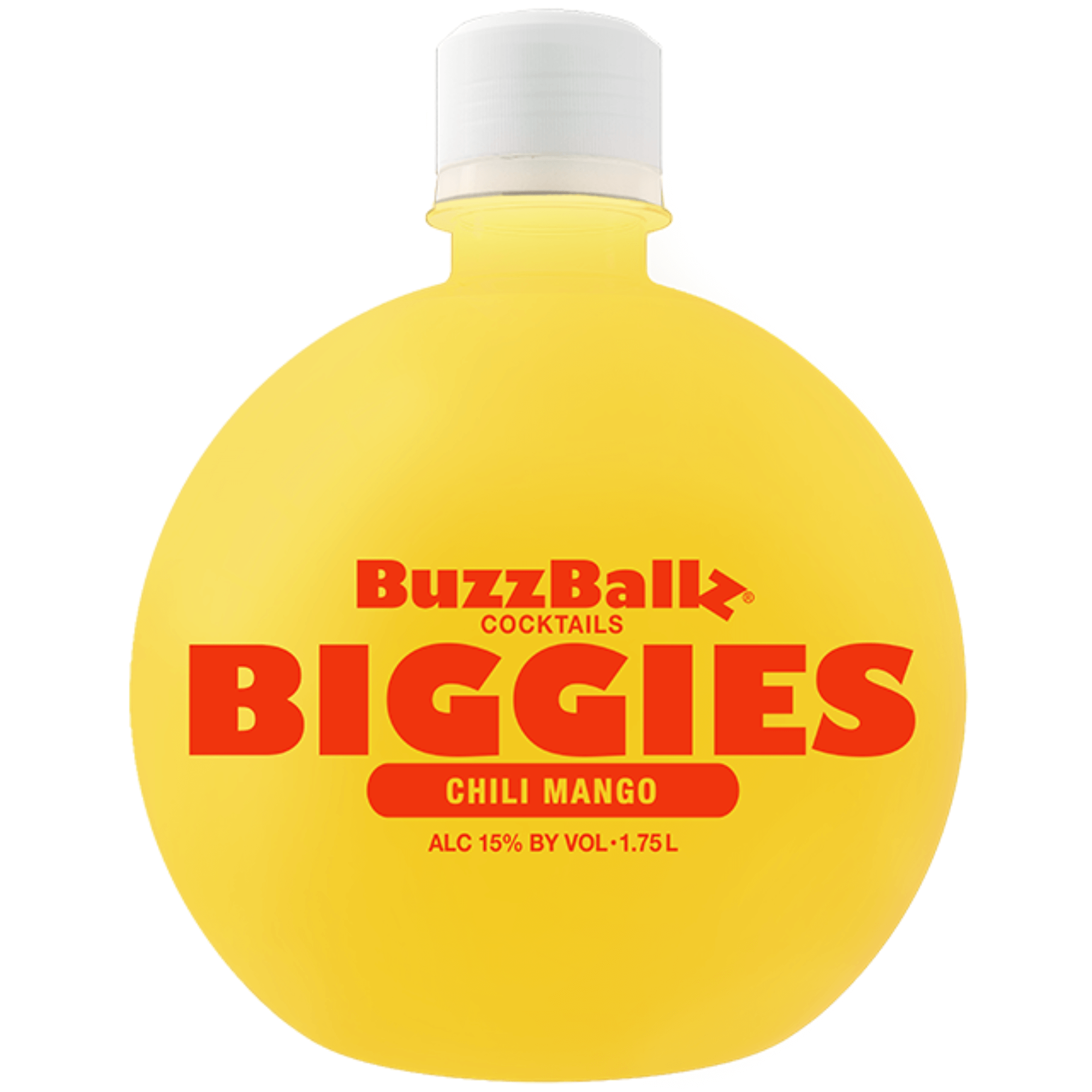 BuzzBallz Biggies Chili Mango 1.75L bottle with vibrant yellow color and bold red text, featuring a unique tropical chili flavor.