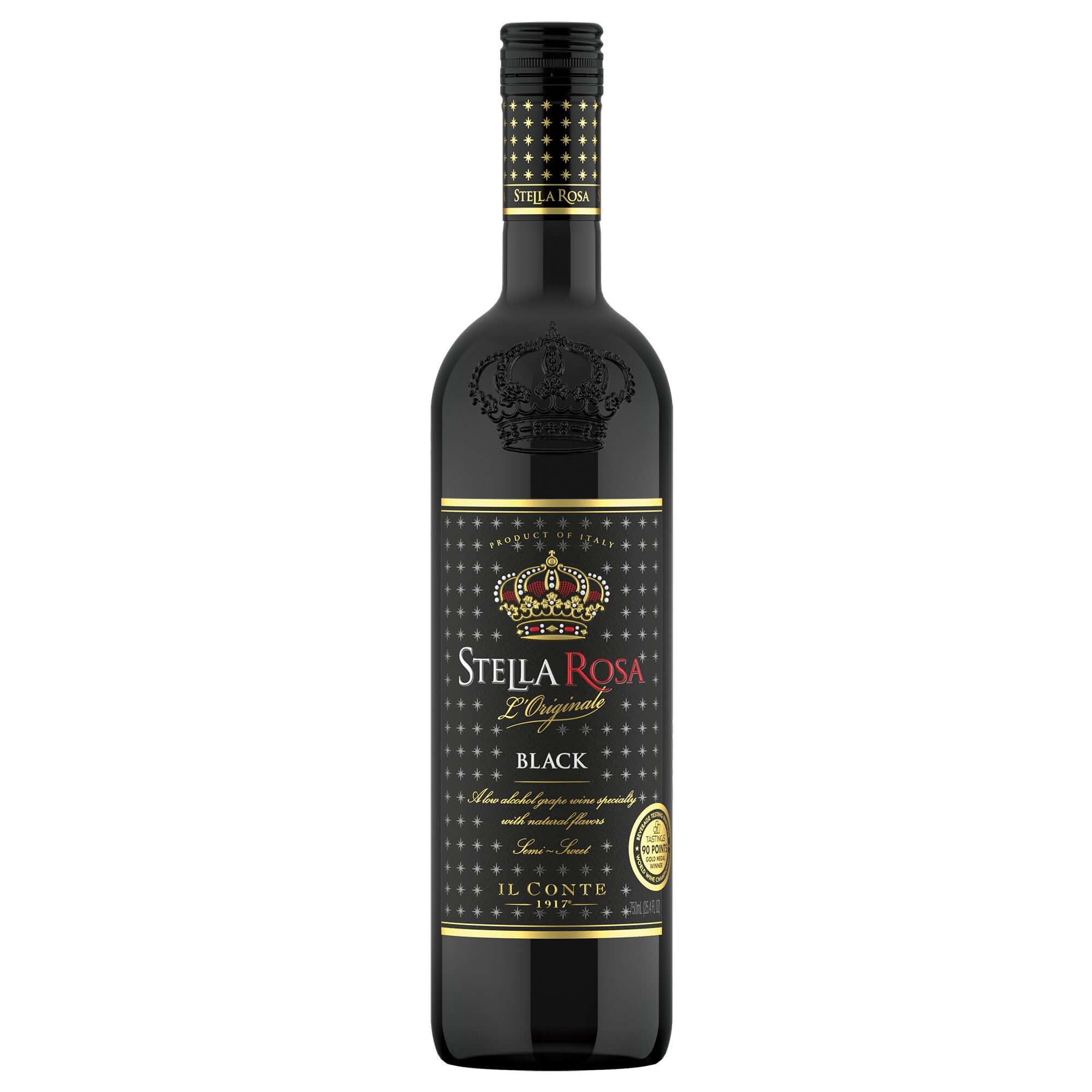 Stella Rosa Black 750ml bottle, semi-sweet red wine from Piedmont, Italy, featuring bold flavors of blackberry, blueberry, and raspberry.