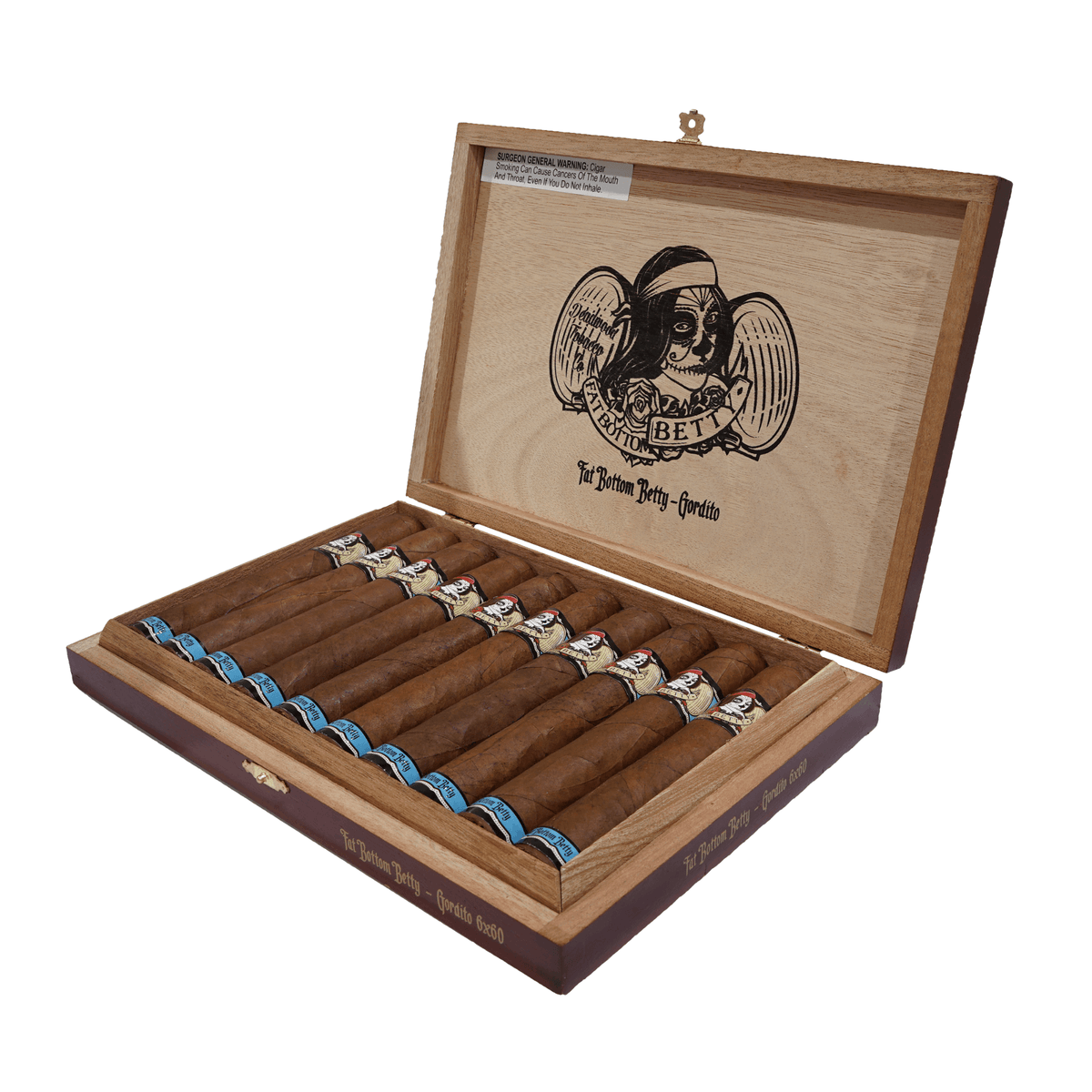 Open box of Deadwood Fat Bottom Betty Gordito cigars, showcasing 10 medium-strength Nicaraguan cigars with rich chocolate and espresso notes.