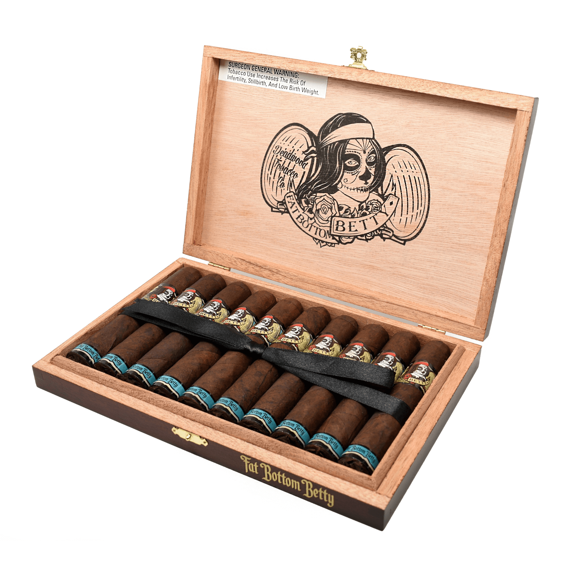 Open box of 10 Deadwood Fat Bottom Betty Robusto cigars with Maduro wrappers, featuring bold and sweet flavor notes. Nicaraguan origin.