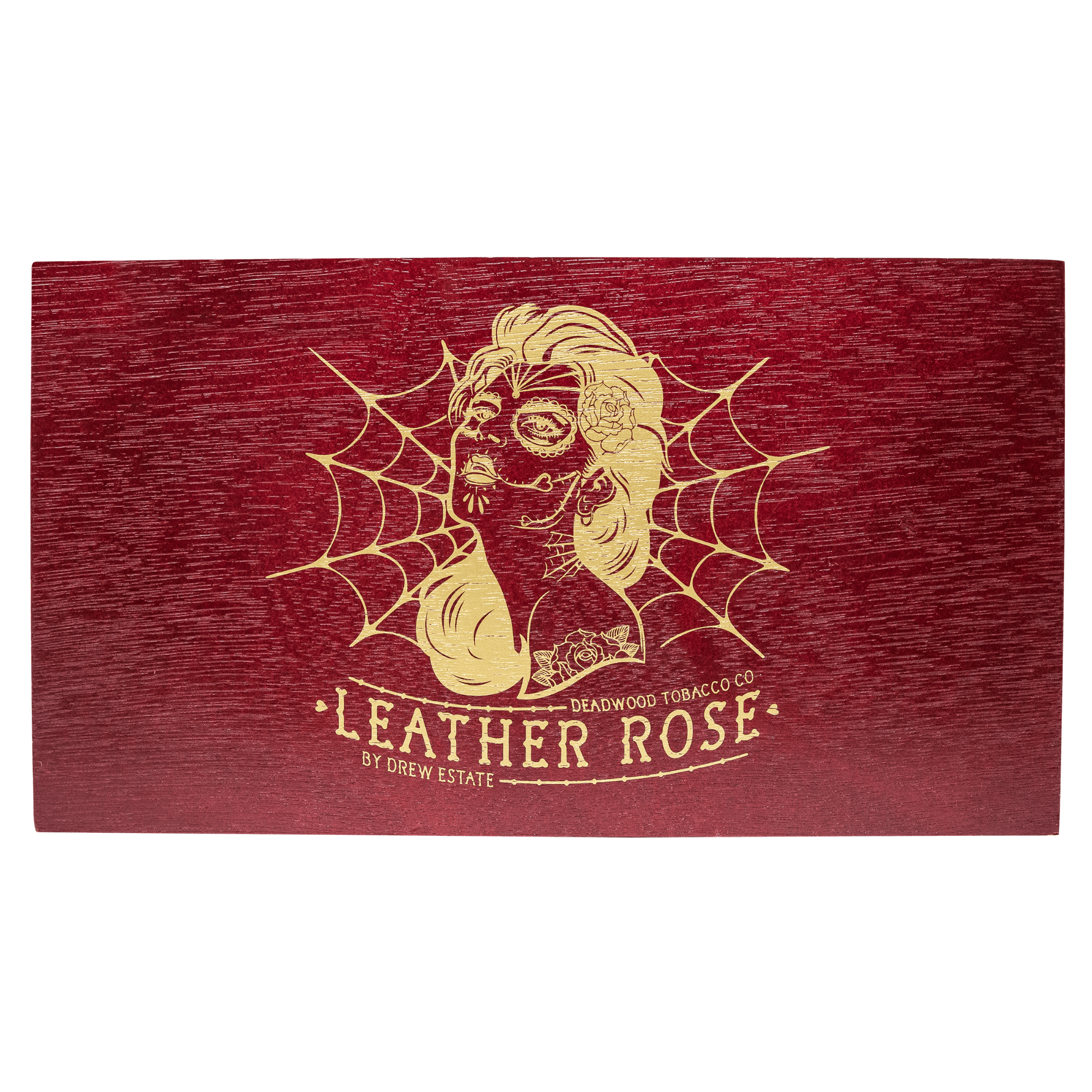Wooden box of Deadwood Leather Rose Torpedo cigars with artistic design, showcasing bold and spicy flavor from Nicaragua.