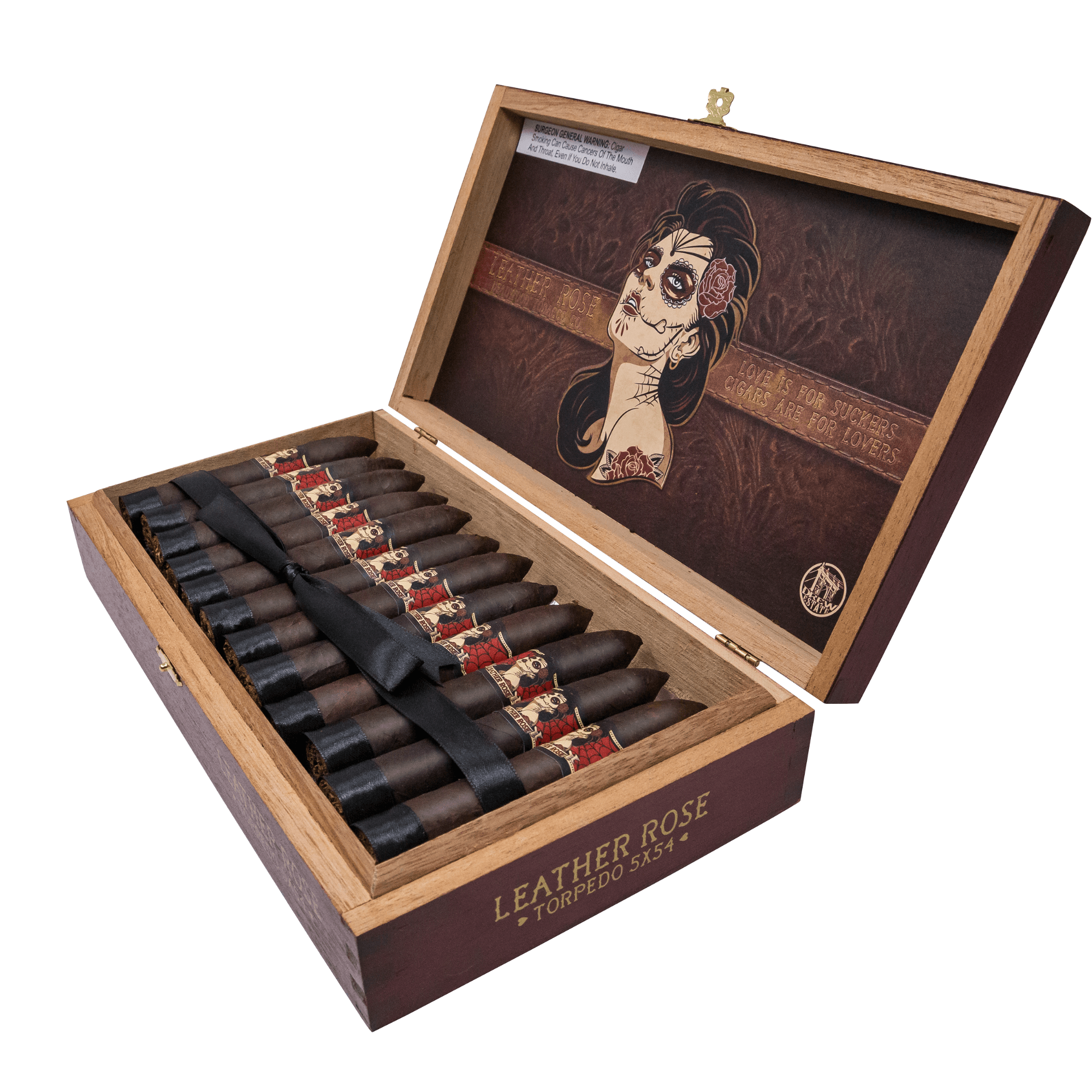 Open box of Deadwood Leather Rose Torpedo cigars from Nicaragua, featuring a maduro wrapper with sweet and spicy flavor notes.
